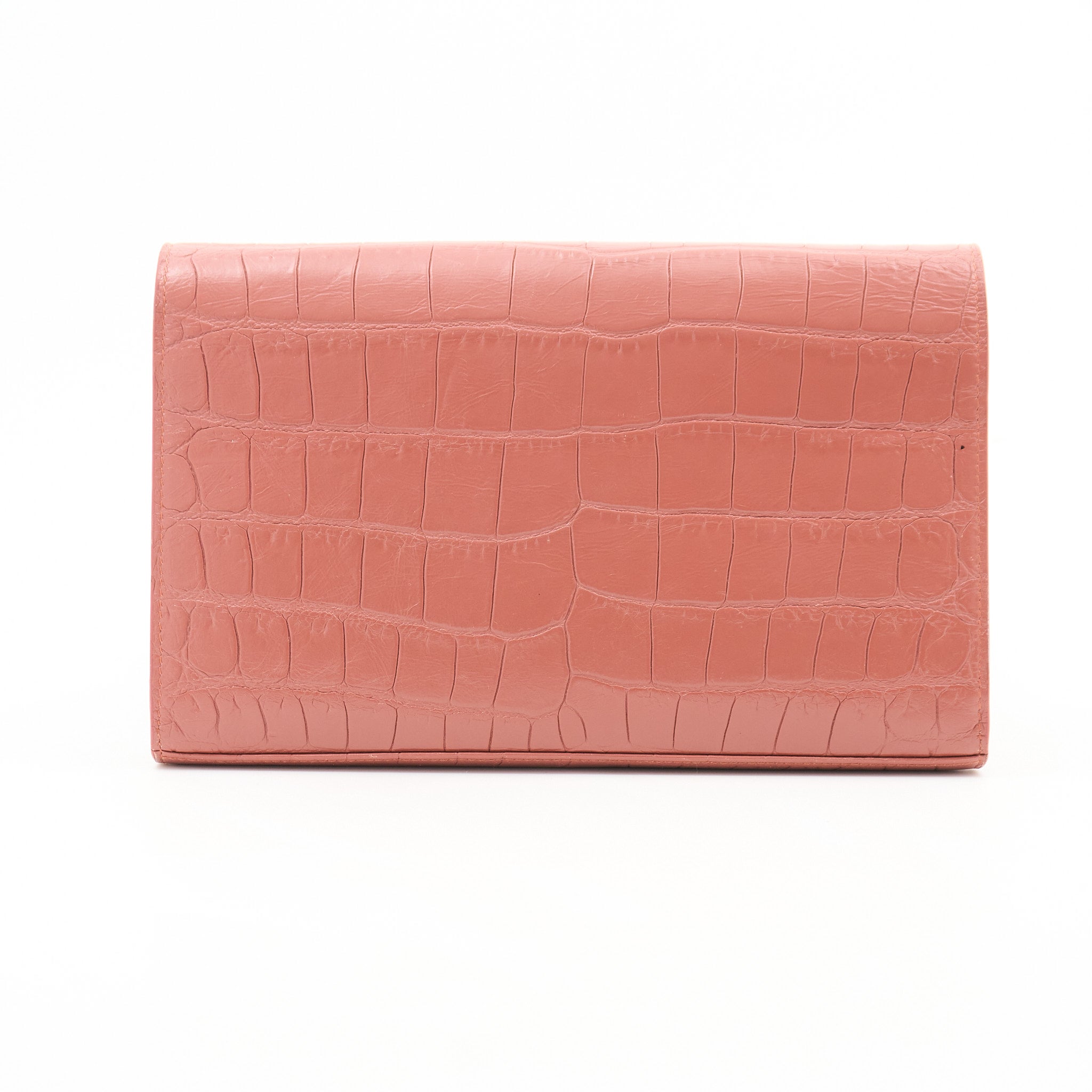 Saint Laurent Croc Embossed Leather Wallet on Chain Salmon