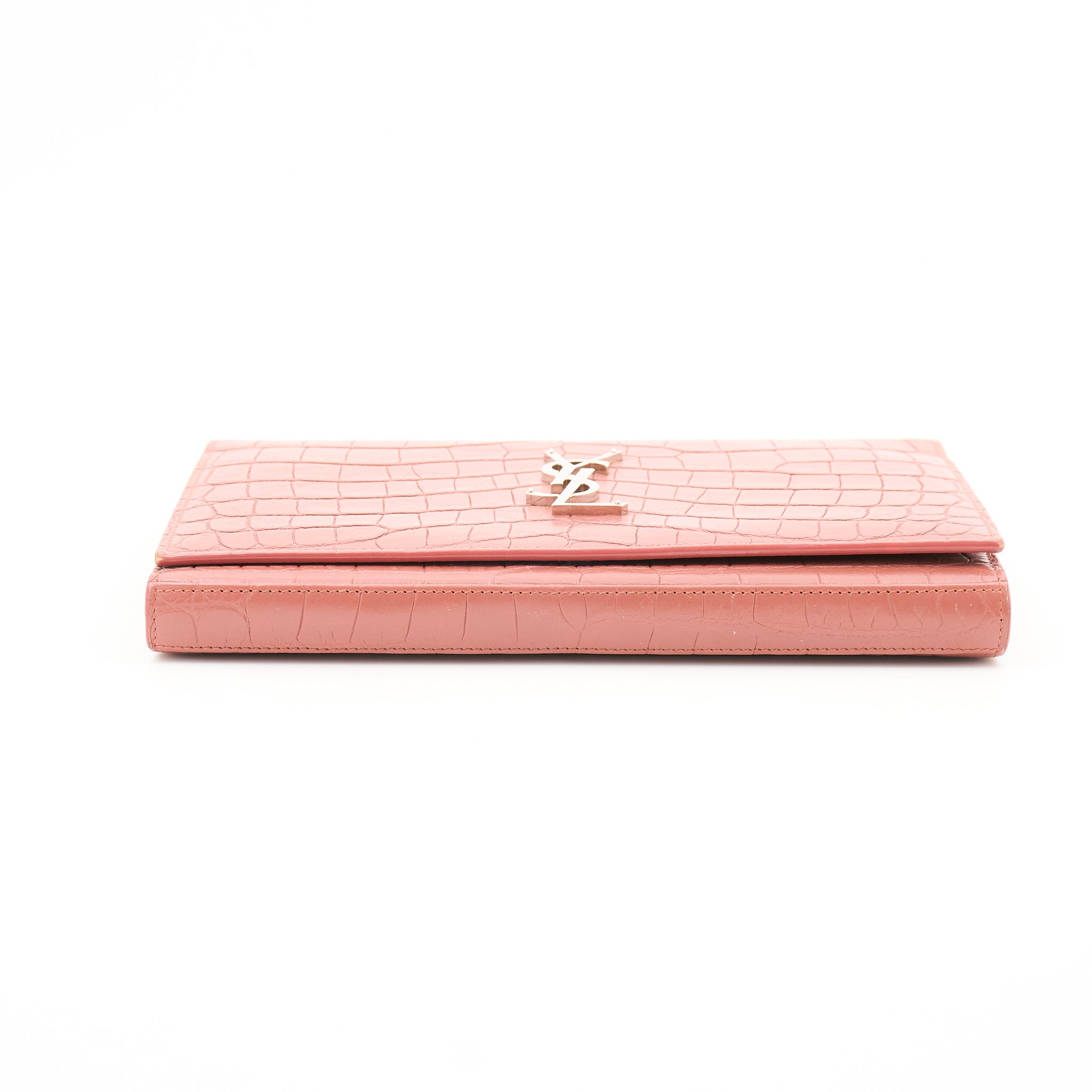 Saint Laurent Croc Embossed Leather Wallet on Chain Salmon