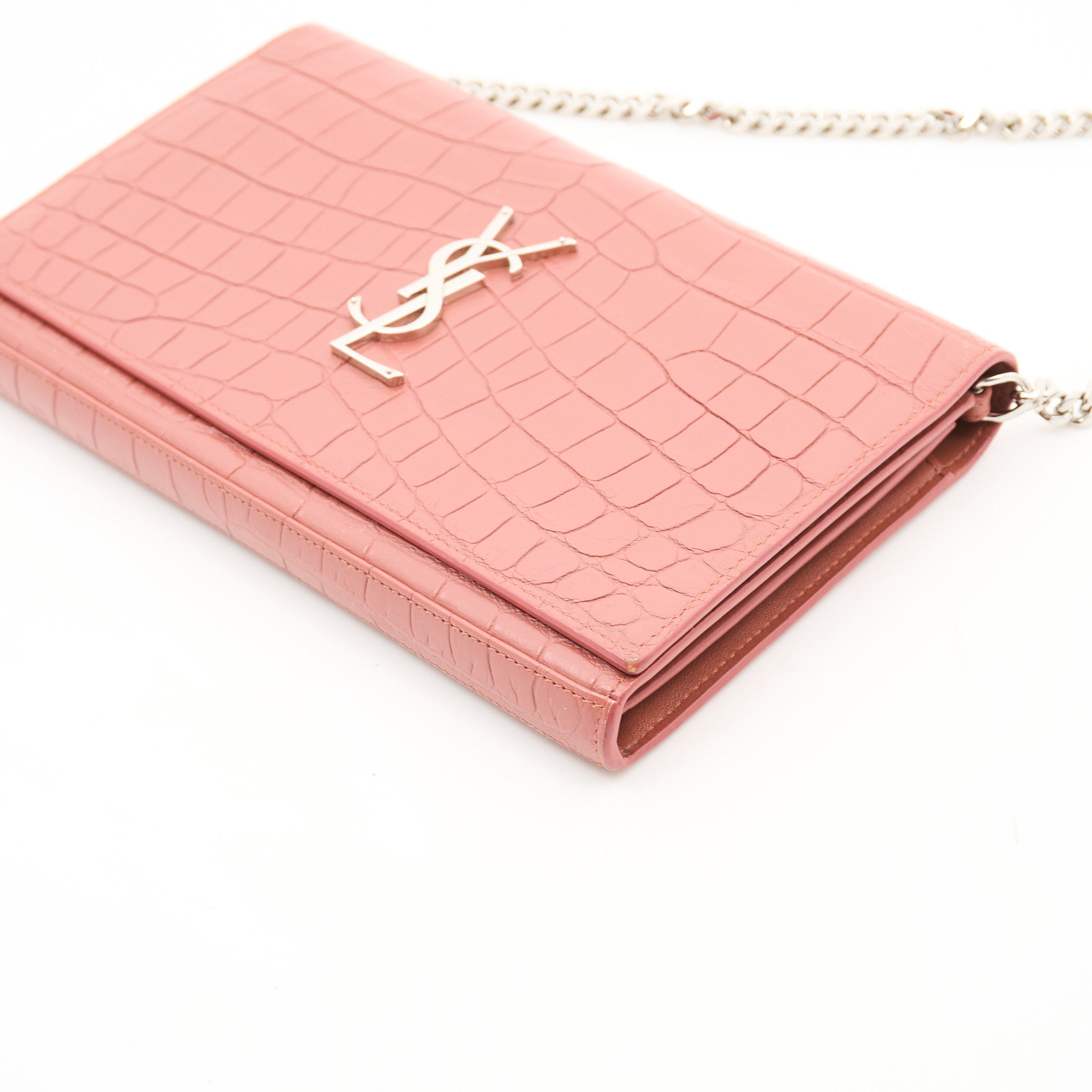 Saint Laurent Croc Embossed Leather Wallet on Chain Salmon