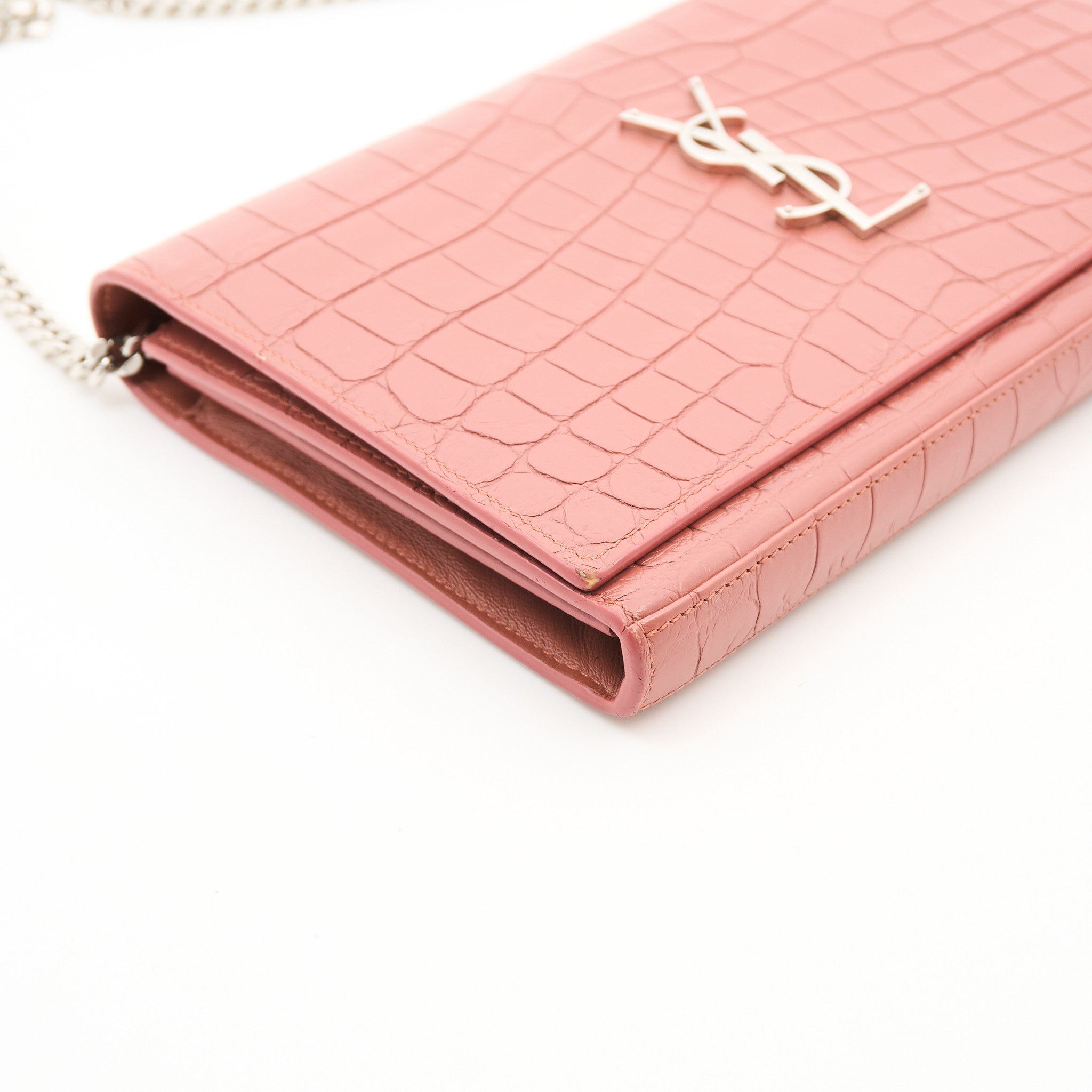 Saint Laurent Croc Embossed Leather Wallet on Chain Salmon