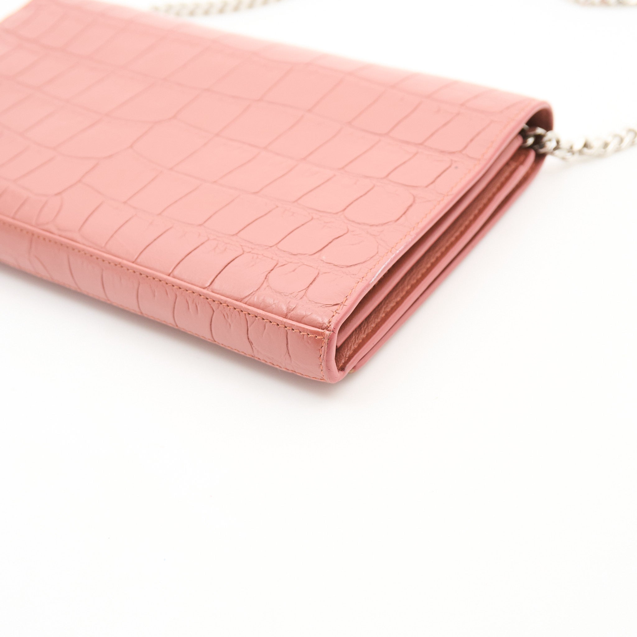 Saint Laurent Croc Embossed Leather Wallet on Chain Salmon