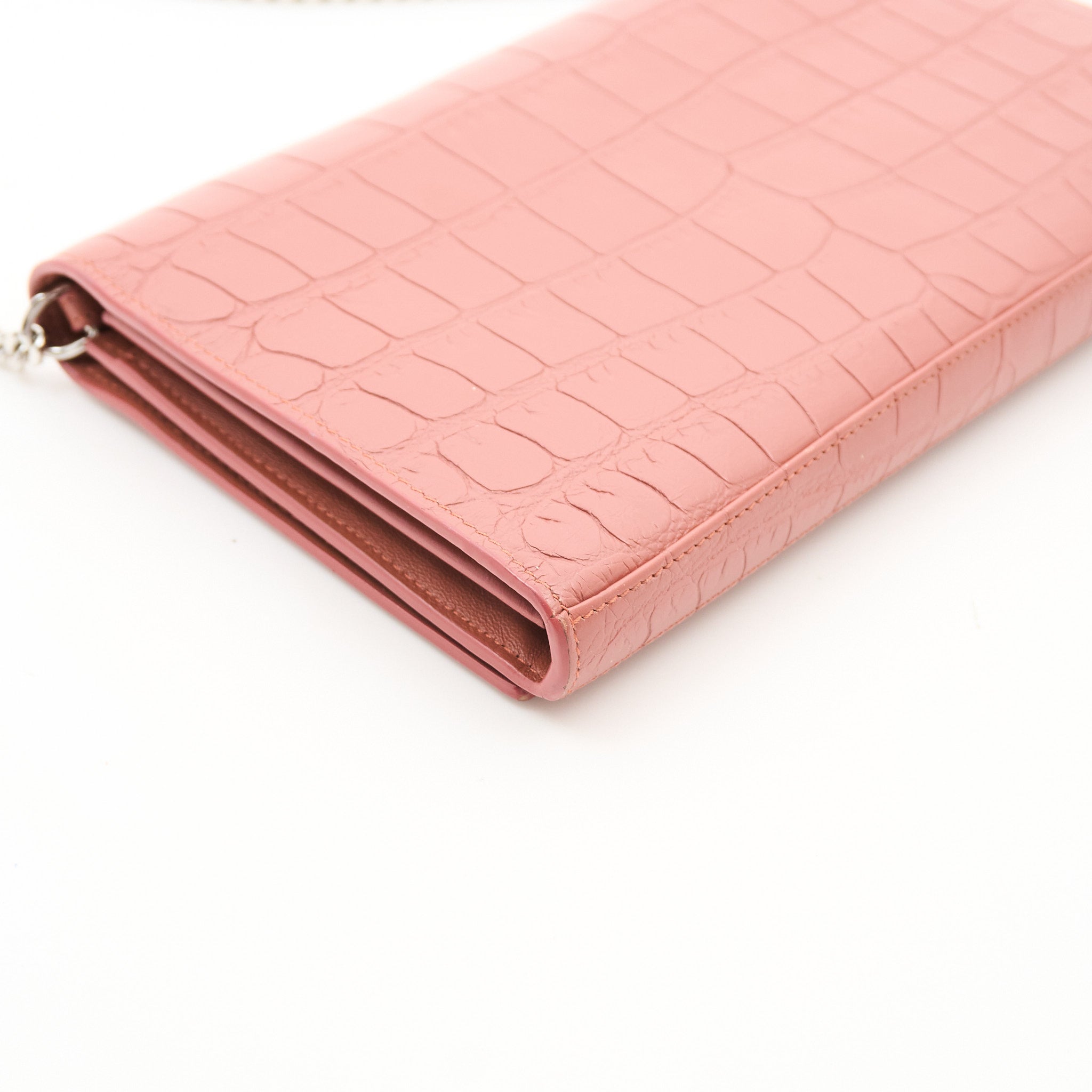 Saint Laurent Croc Embossed Leather Wallet on Chain Salmon