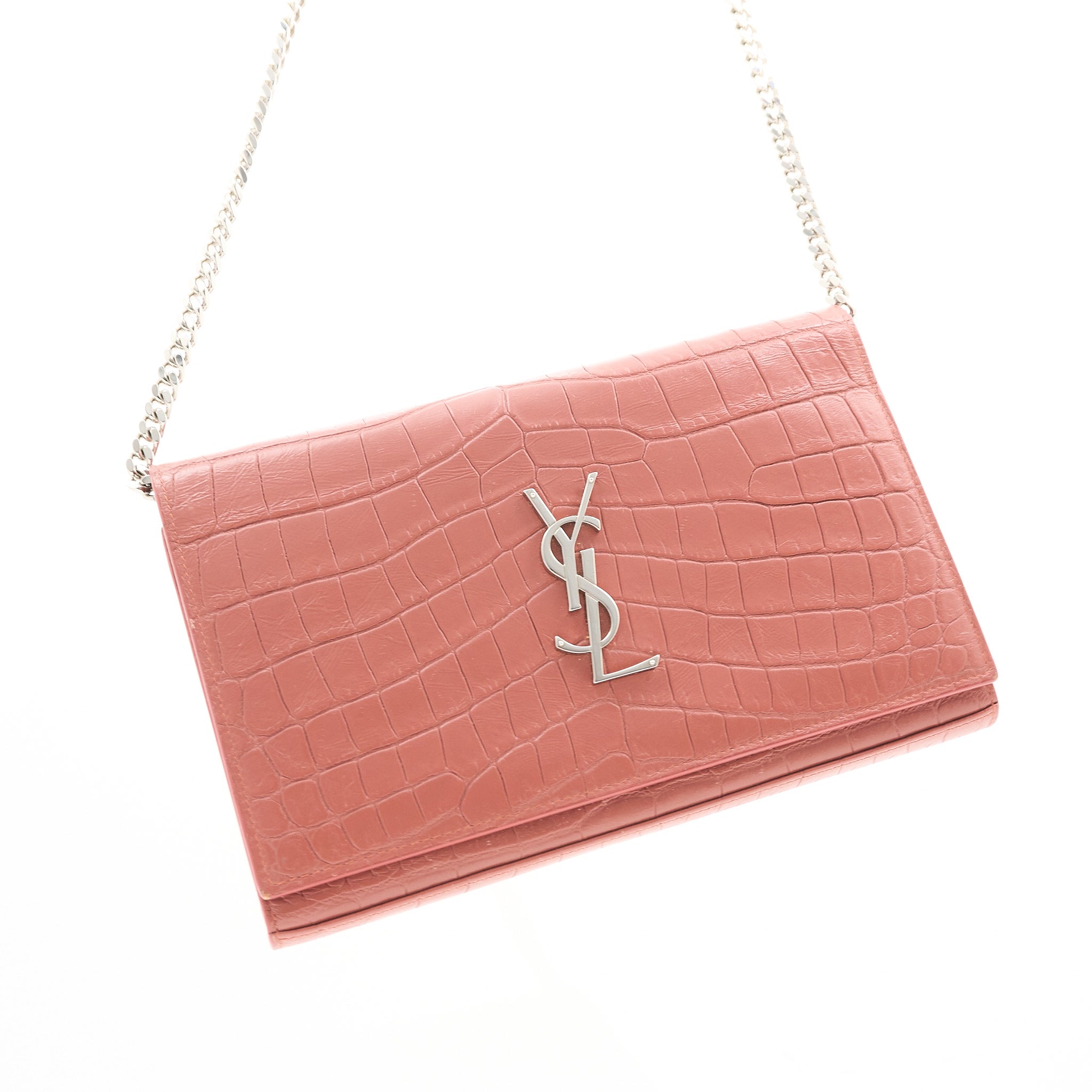 Saint Laurent Croc Embossed Leather Wallet on Chain Salmon