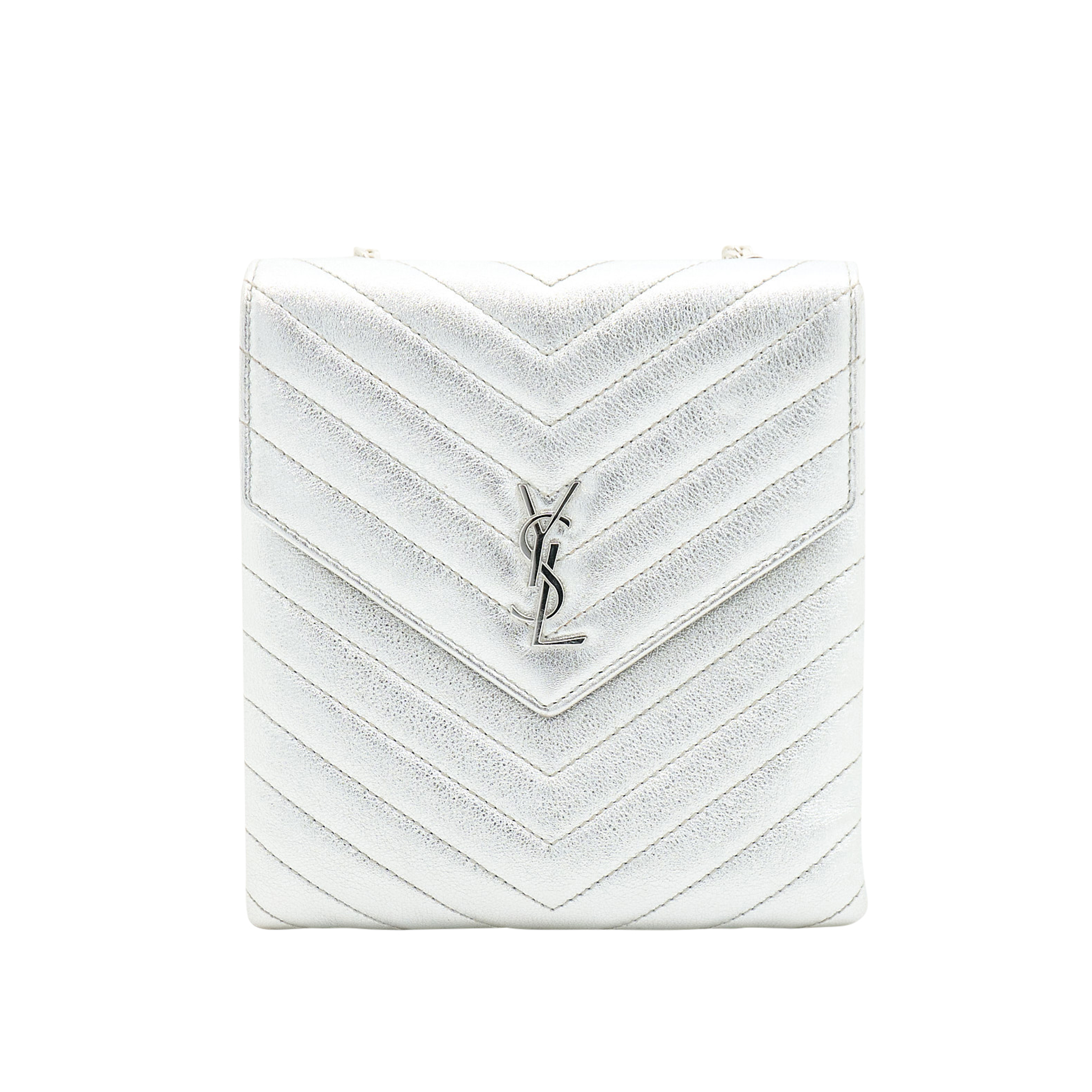Saint Laurent Metallic Quilted Double Flap Bag Silver