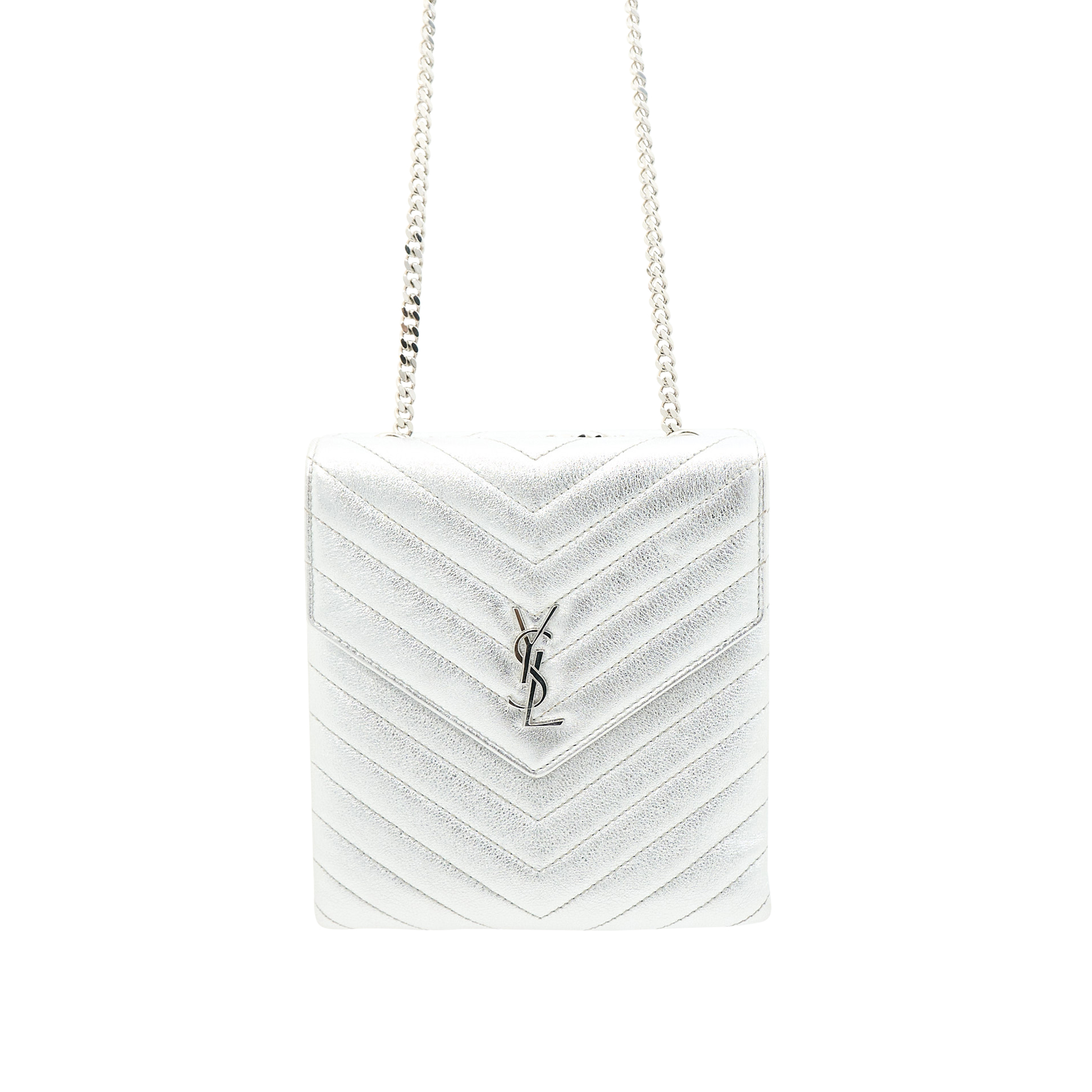 Saint Laurent Metallic Quilted Double Flap Bag Silver