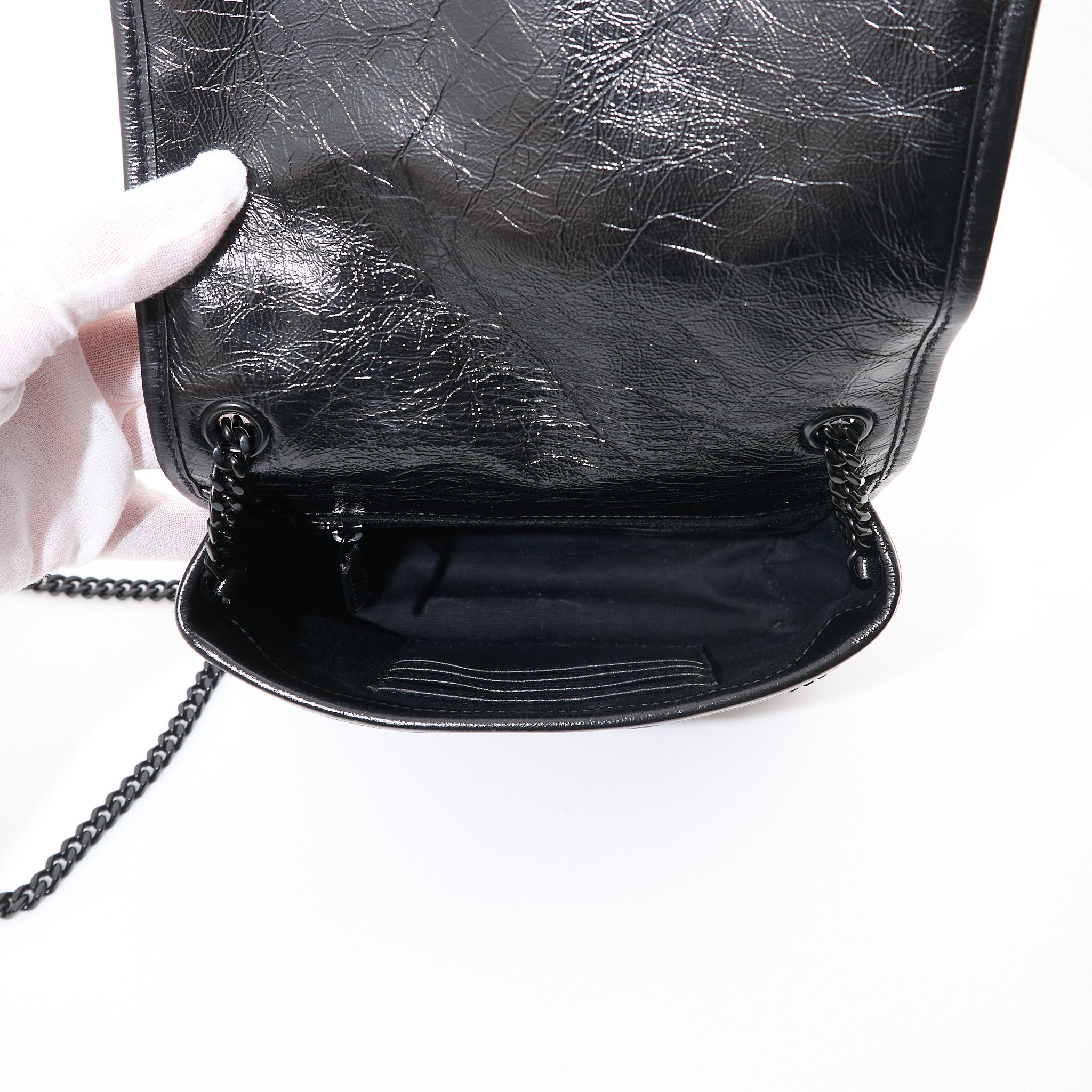 Saint Laurent Niki Mini Bag in Black Crinkled Leather
