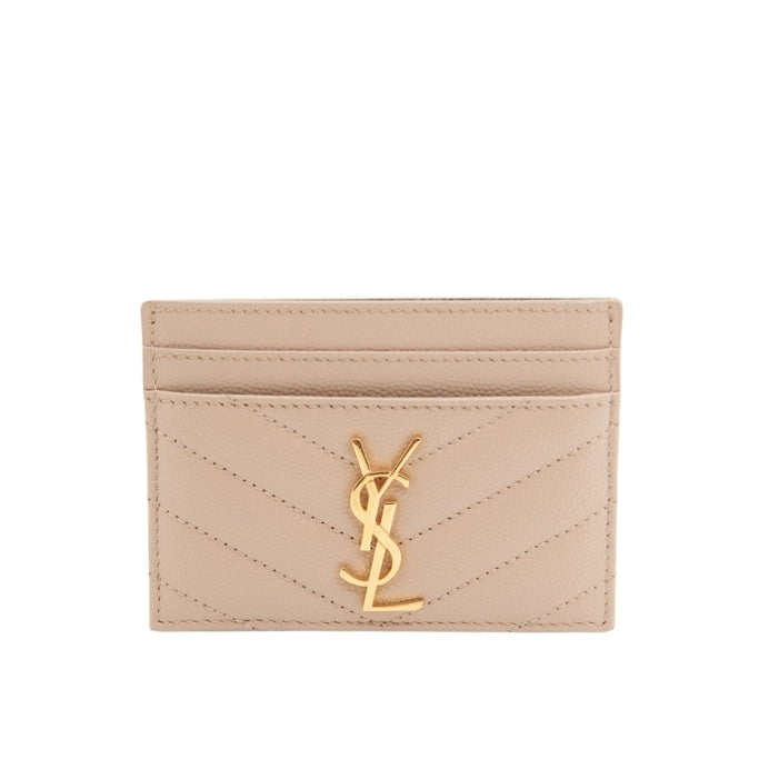 Saint Laurent Leather Card Wallet in Beige GHW