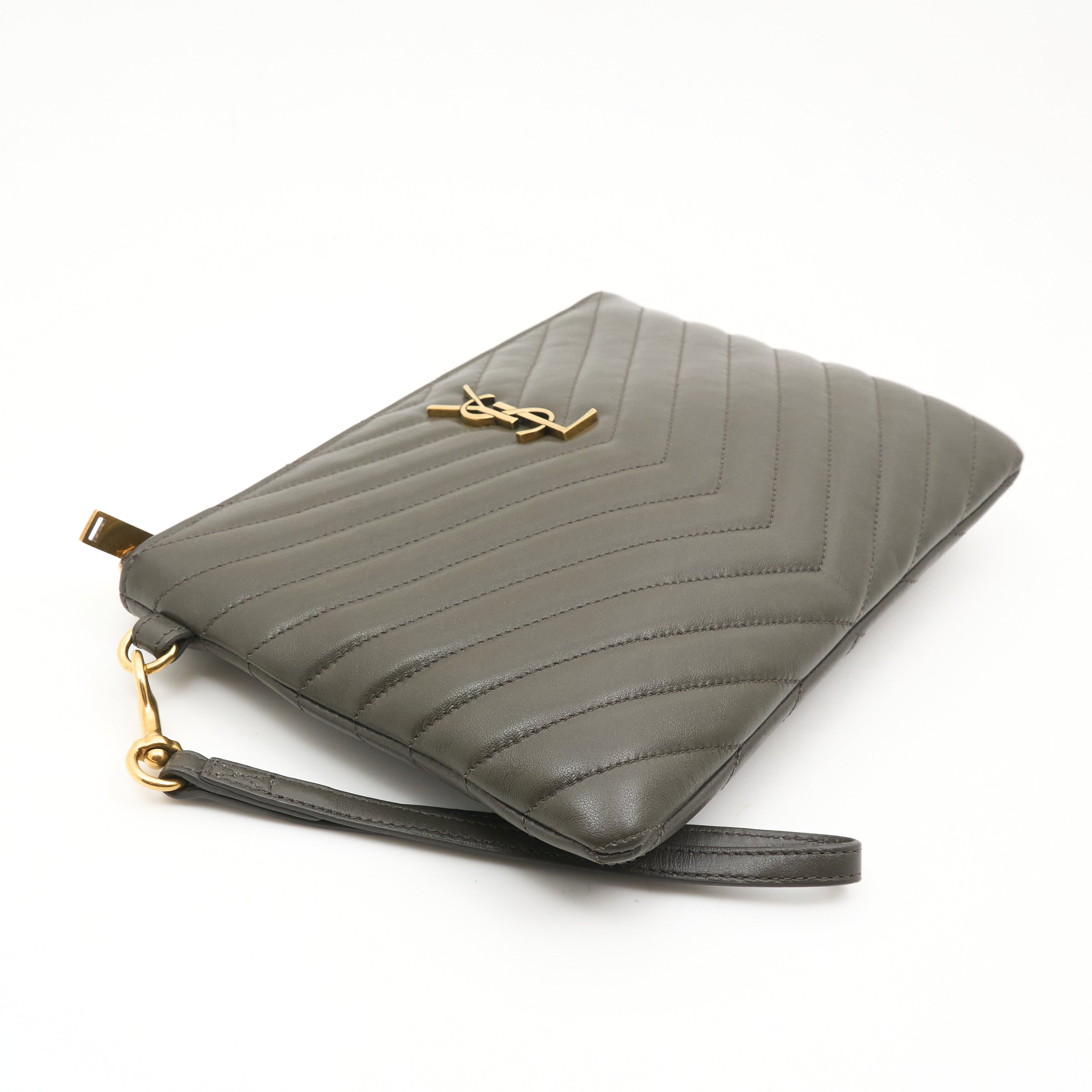 Saint Laurent Chevron Pouch In Olive Leather