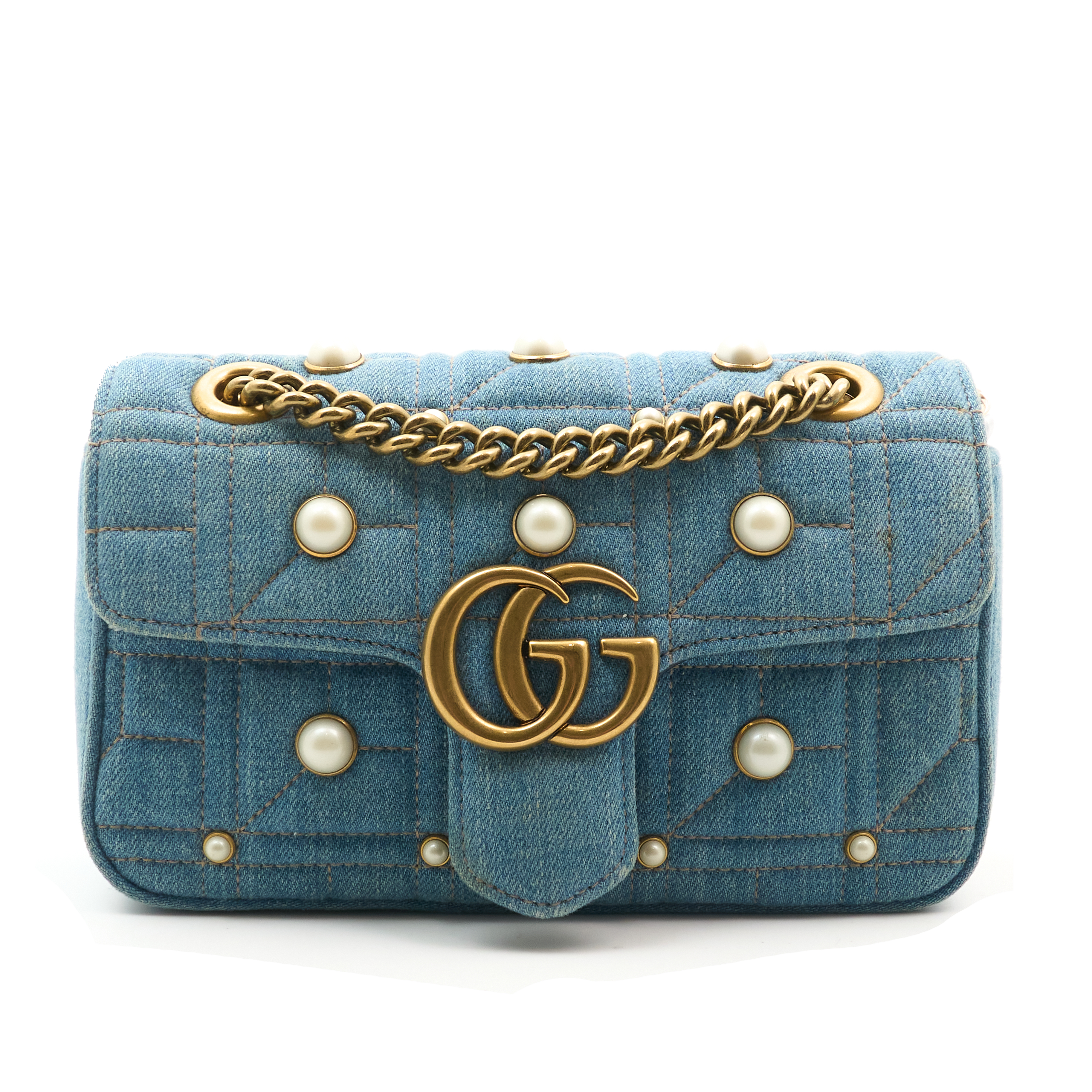 Gucci GG Marmont Denim Pearl Shoulder Bag
