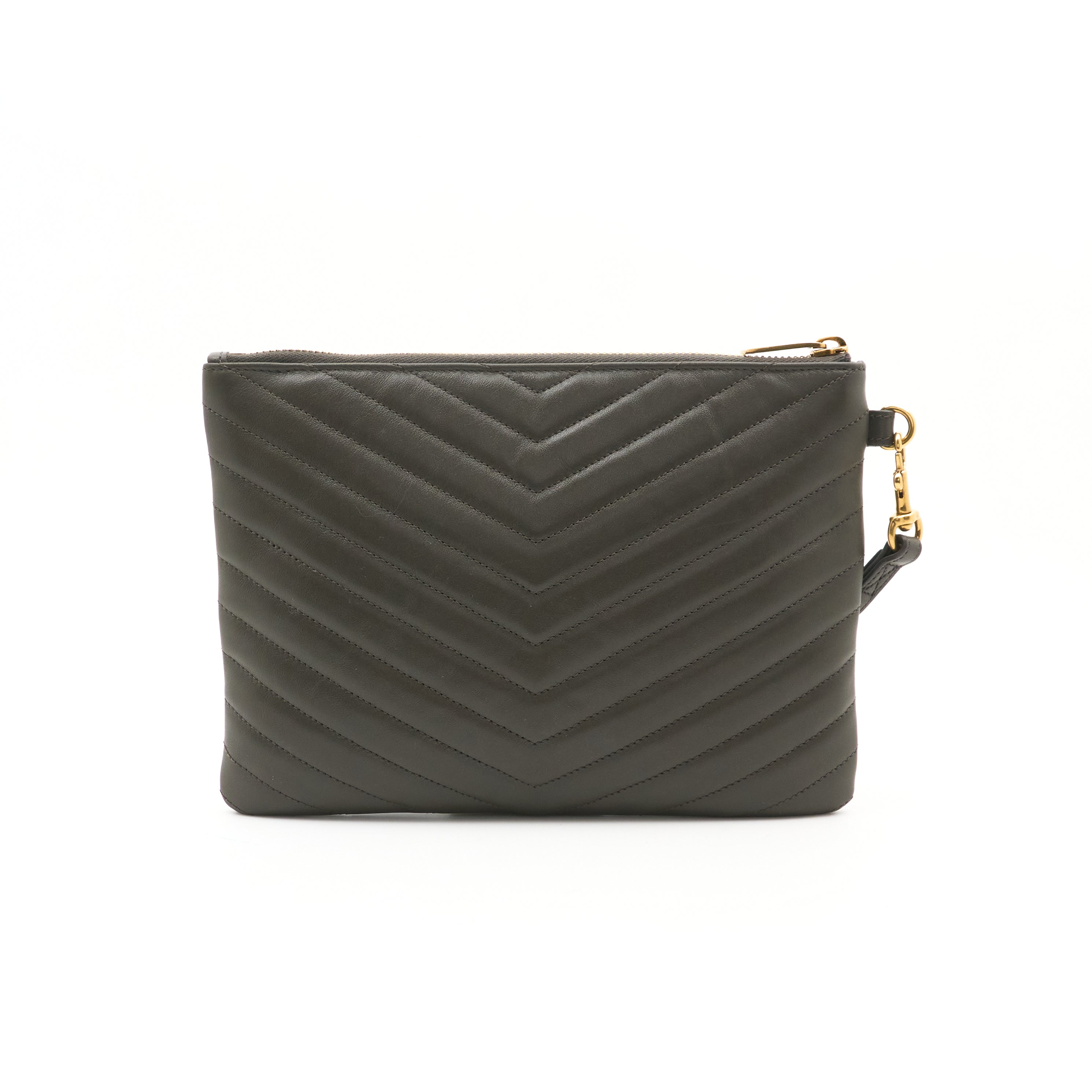Saint Laurent Chevron Pouch In Olive Leather