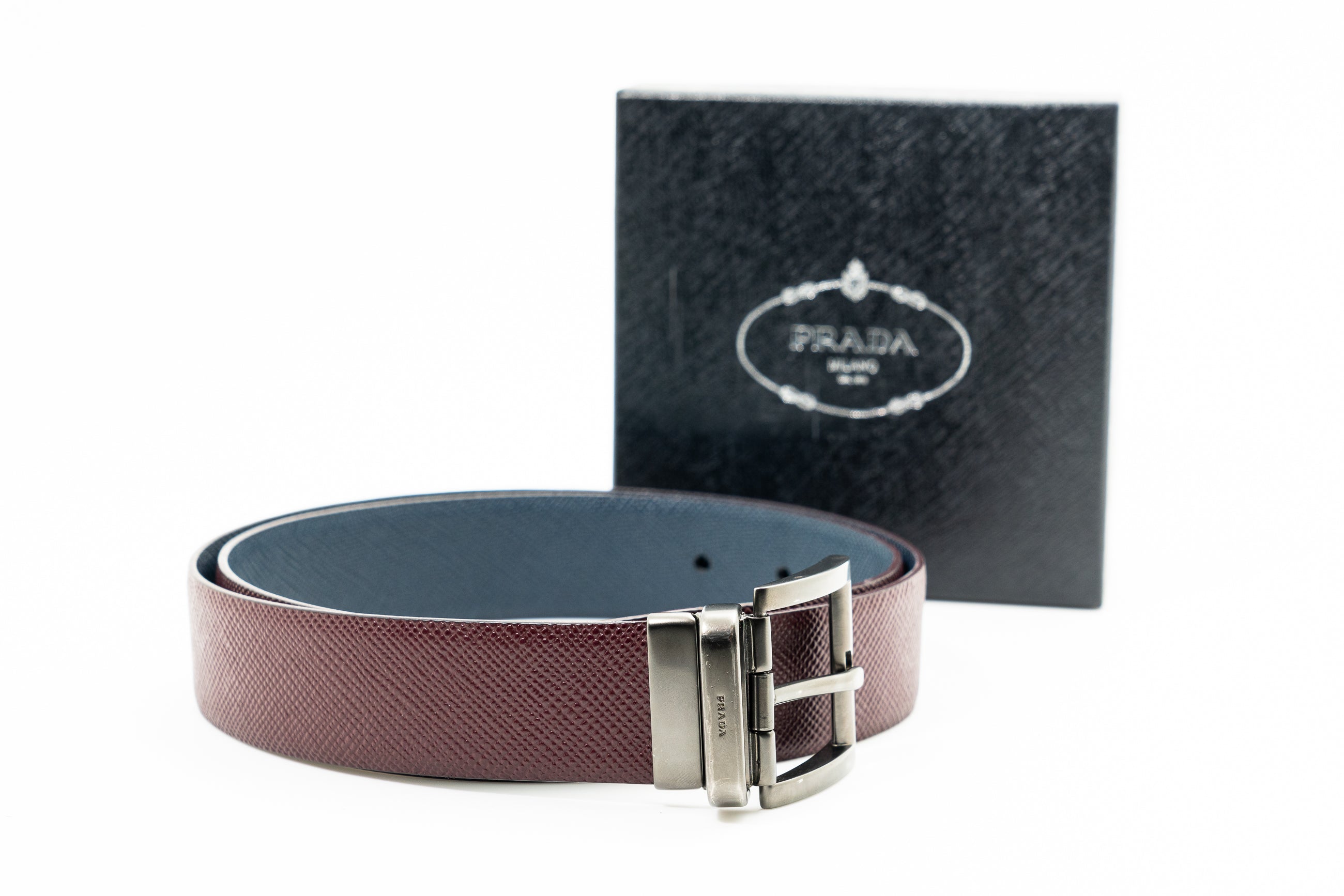 Prada Leather Reversible Saffiano Belt in Navy and Burgundy