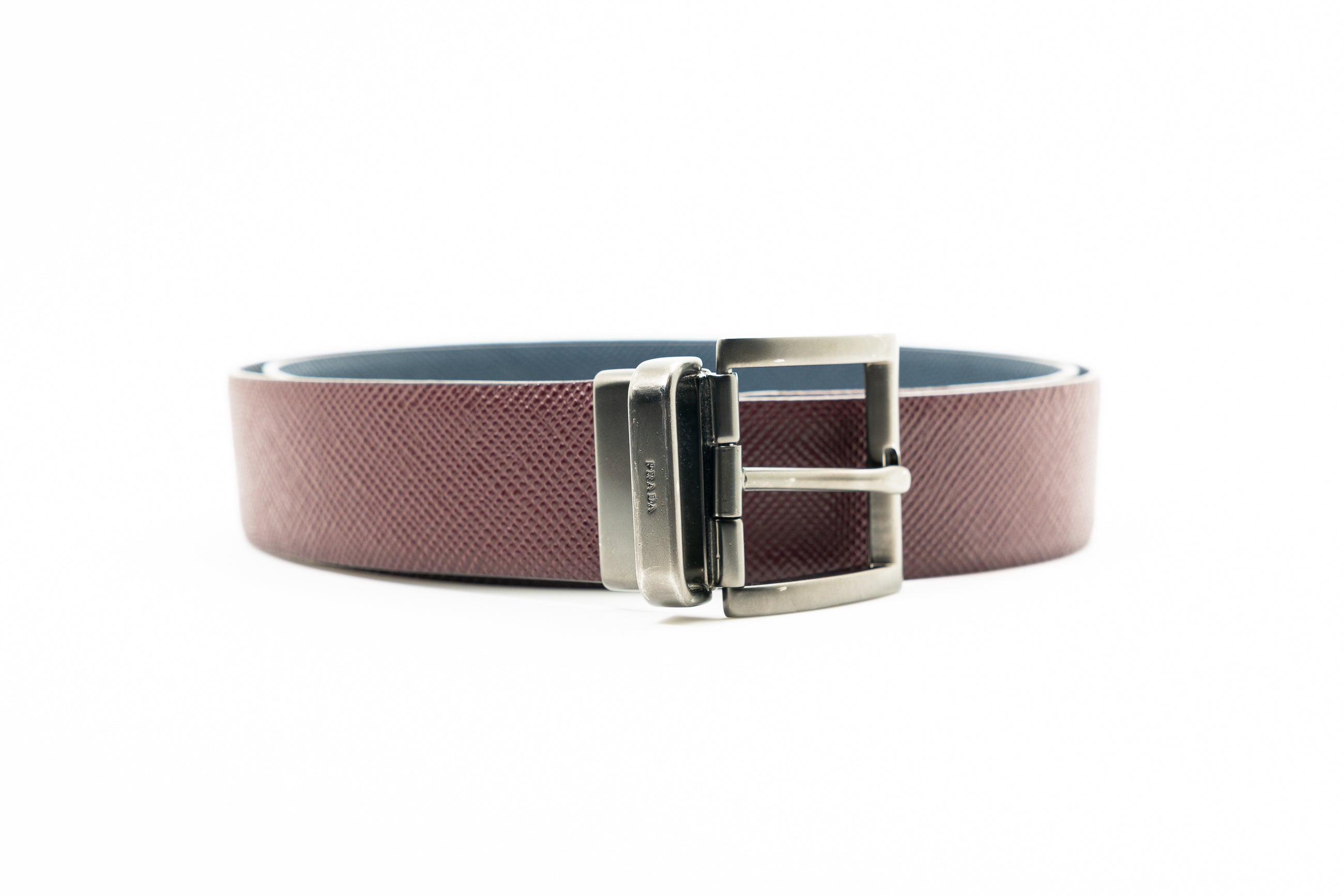 Prada Leather Reversible Saffiano Belt in Navy and Burgundy