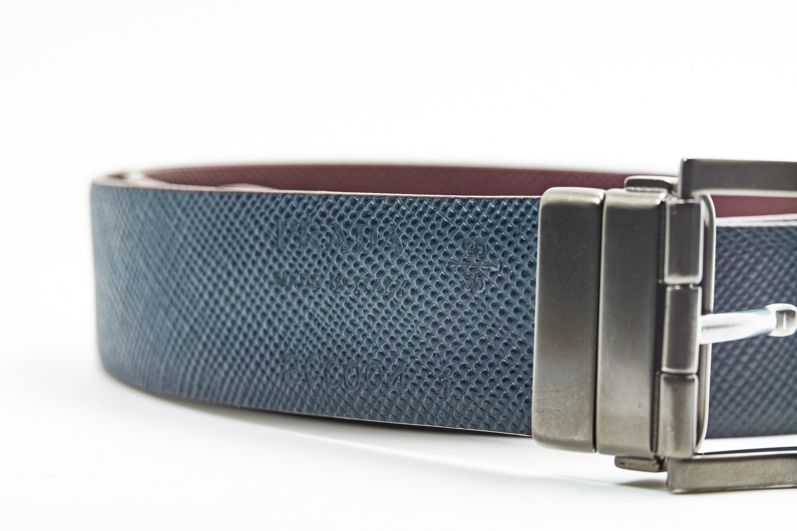 Prada Leather Reversible Saffiano Belt in Navy and Burgundy