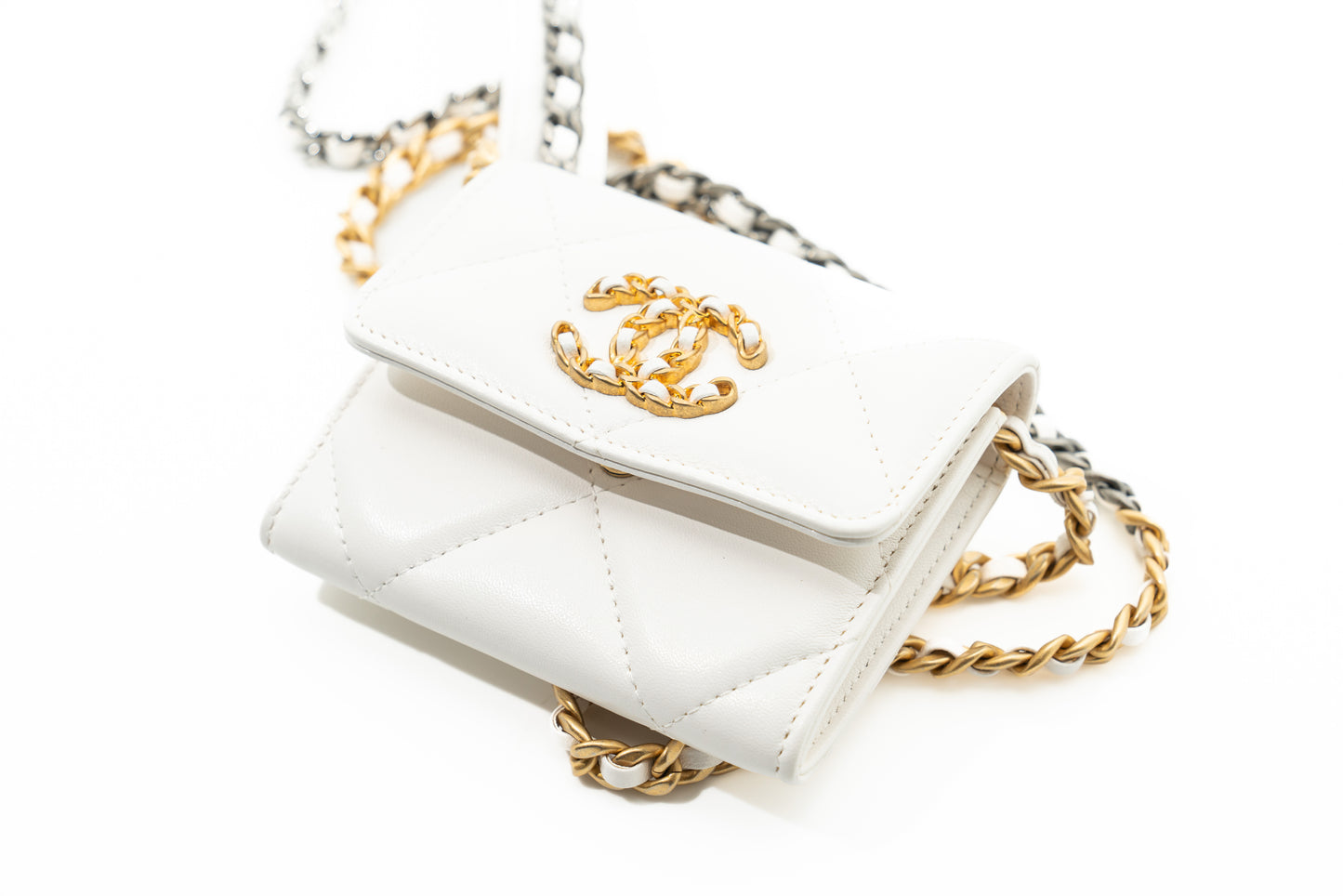 Chanel Lambskin Quilted Card Wallet on Chain in White GHW