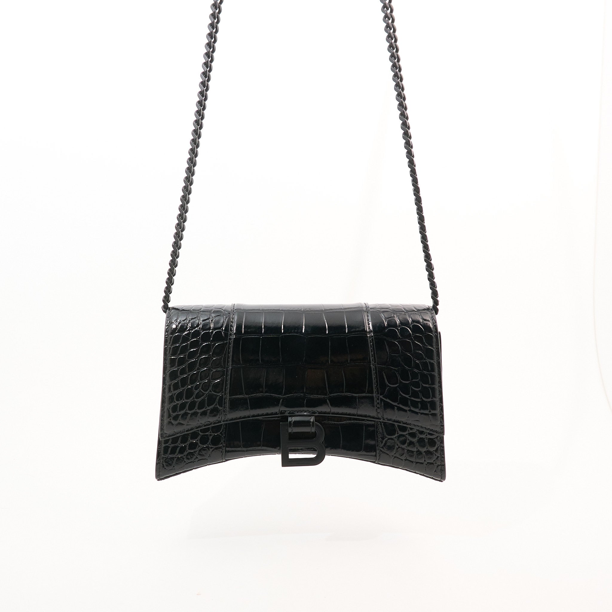 Balenciaga Black Hourglass Croc-Effect Leather Shoulder Bag
