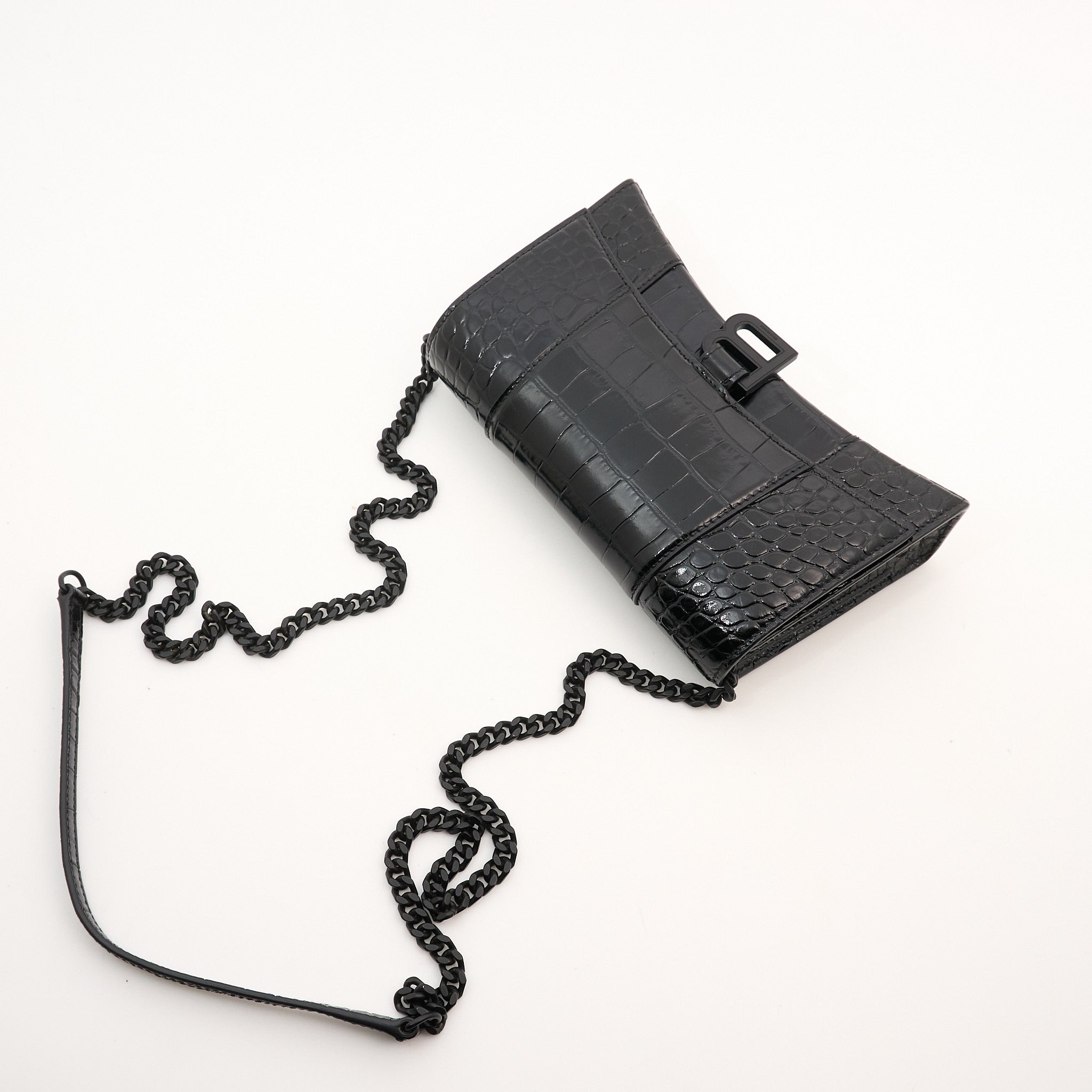 Balenciaga Black Hourglass Croc-Effect Leather Shoulder Bag