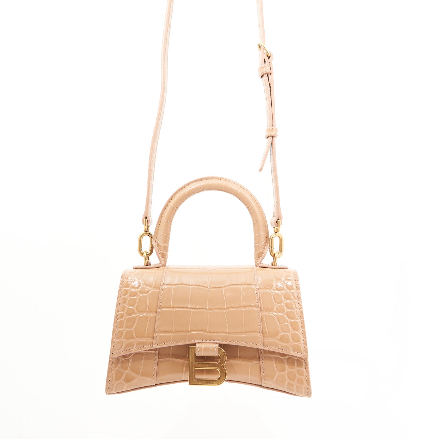 Balenciaga Small Hourglass Beige Croc Leather Handbag