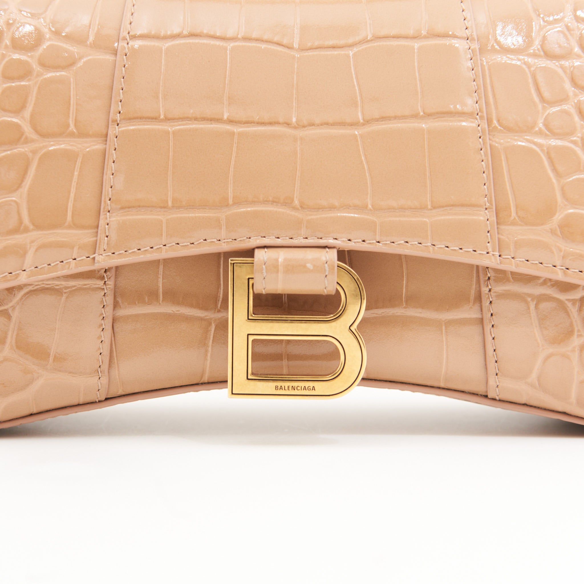 Balenciaga Small Hourglass Beige Croc Leather Handbag