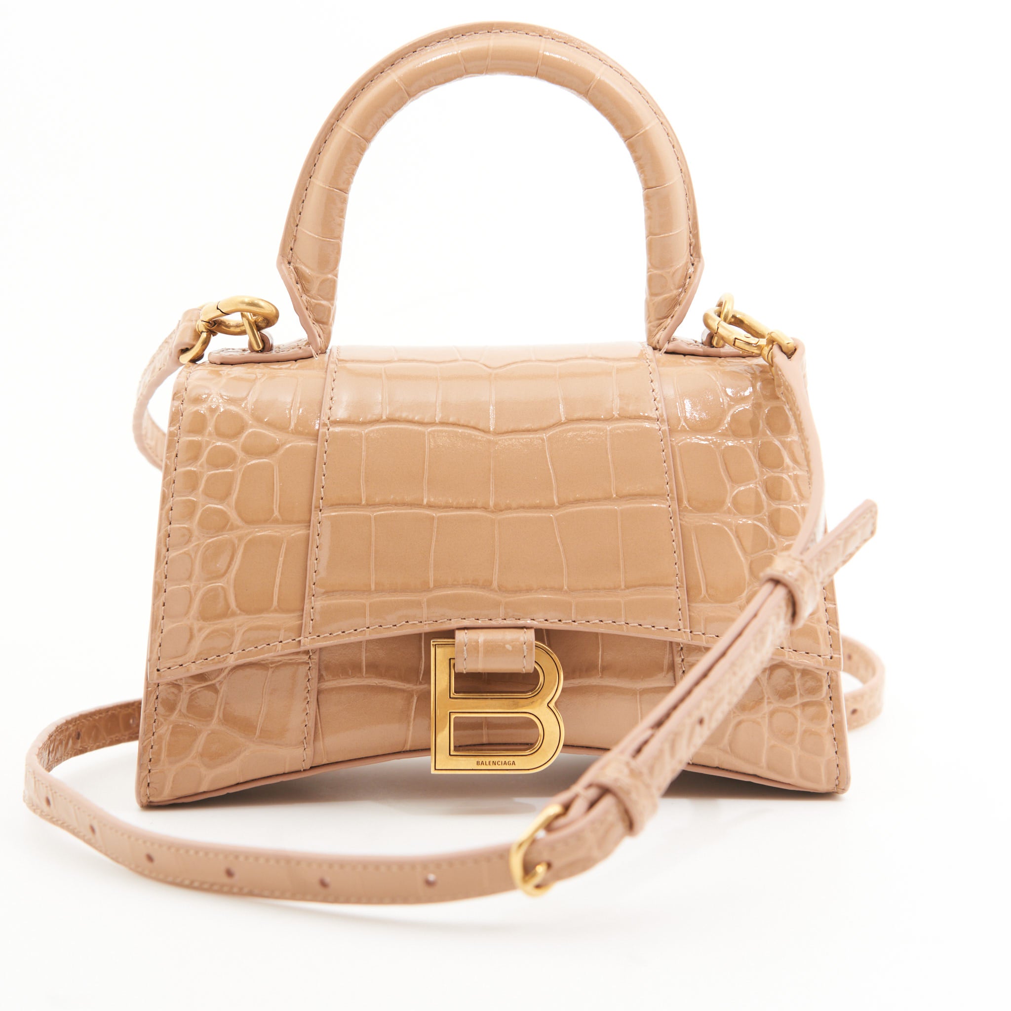 Balenciaga Small Hourglass Beige Croc Leather Handbag