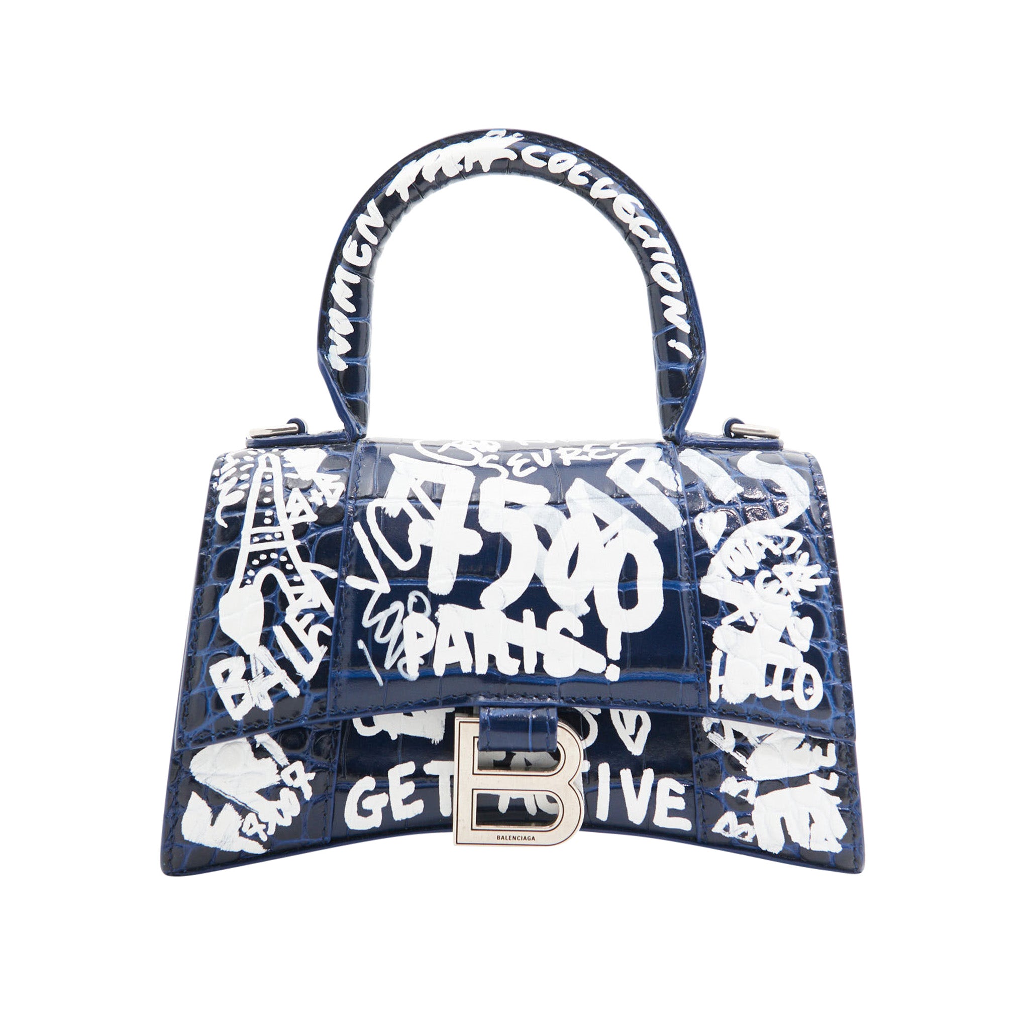 Balenciaga Croc Leather Hourglass in Navy Graffiti Print SHW