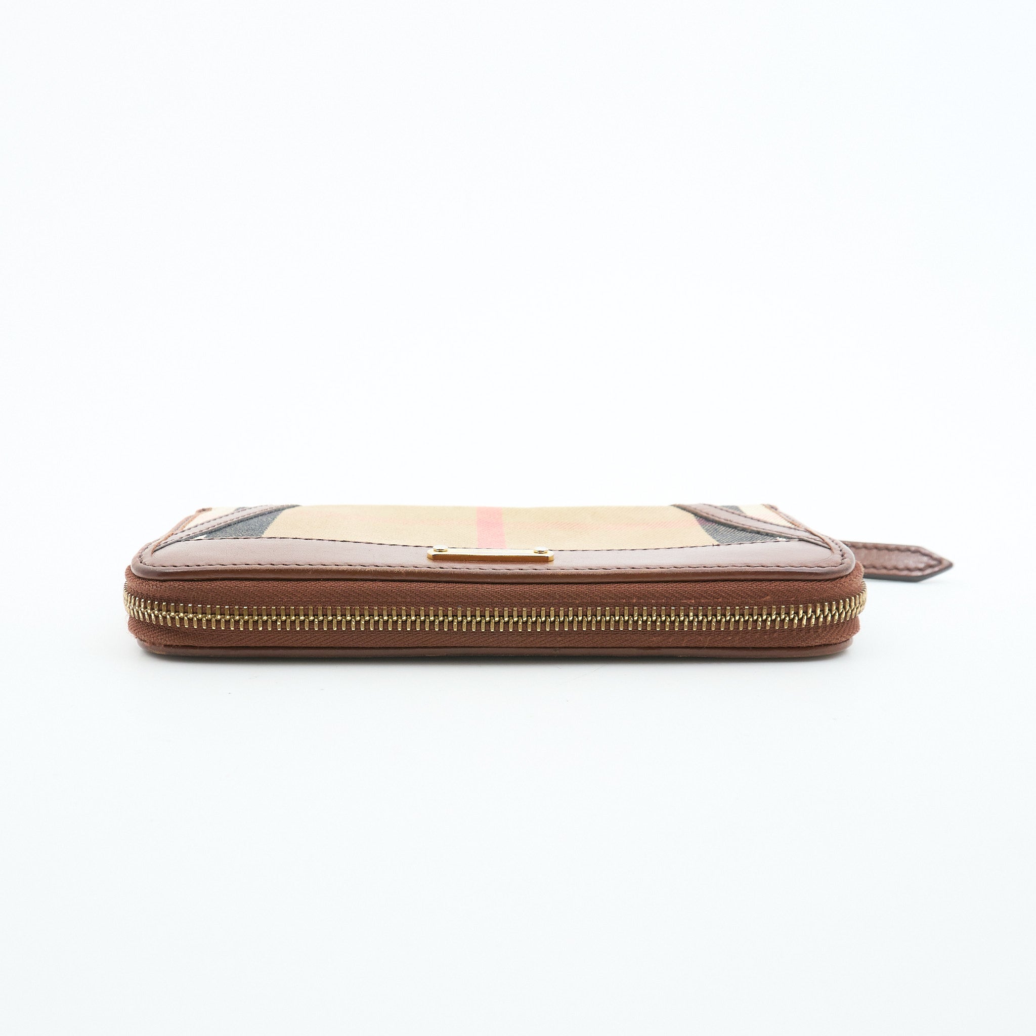 Burberry House Check & Brown Leather Zip Around Wallet