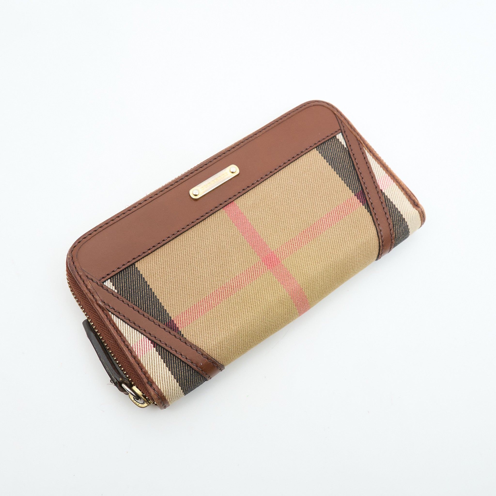 Burberry House Check & Brown Leather Zip Around Wallet