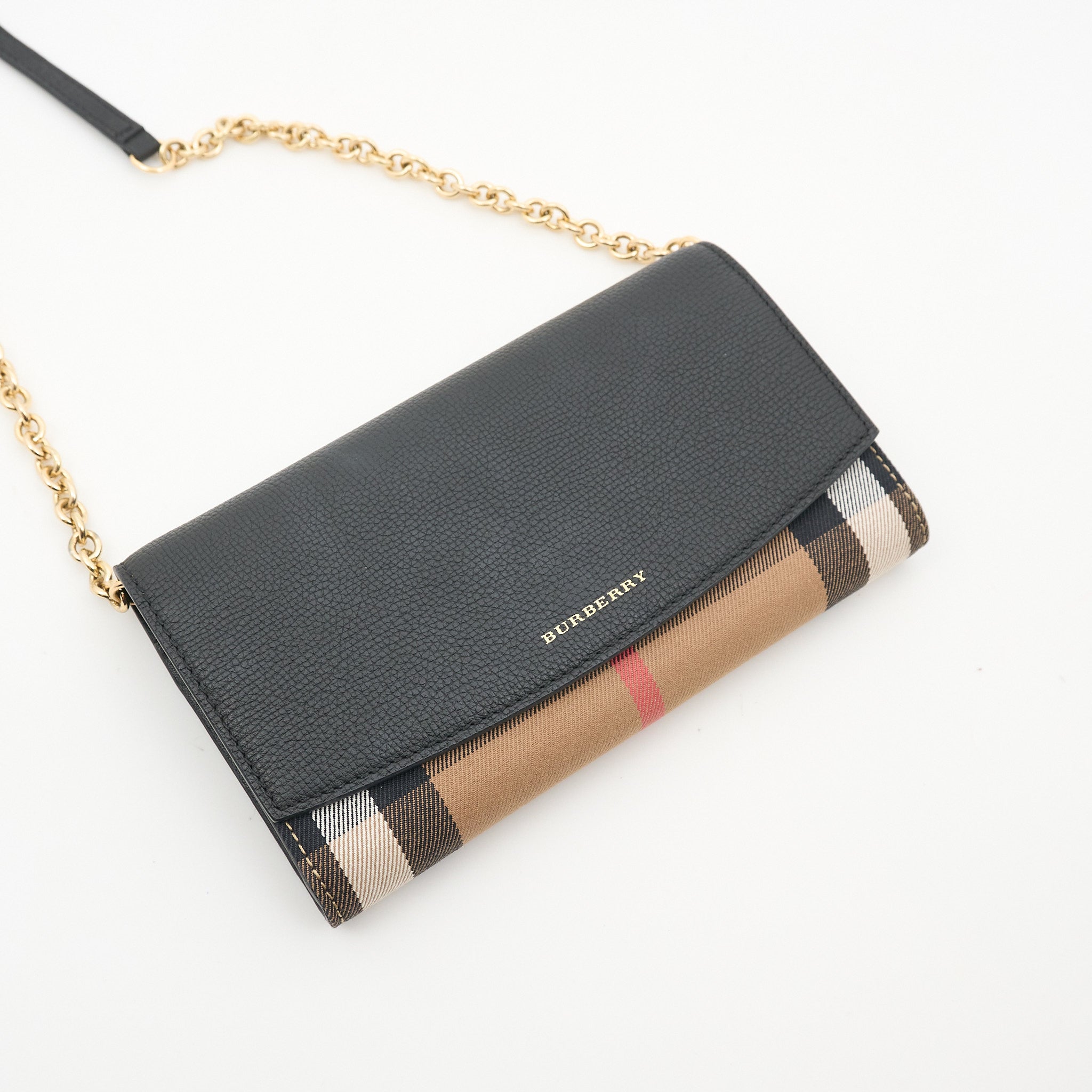 Burberry Check & Leather Wallet on Chain