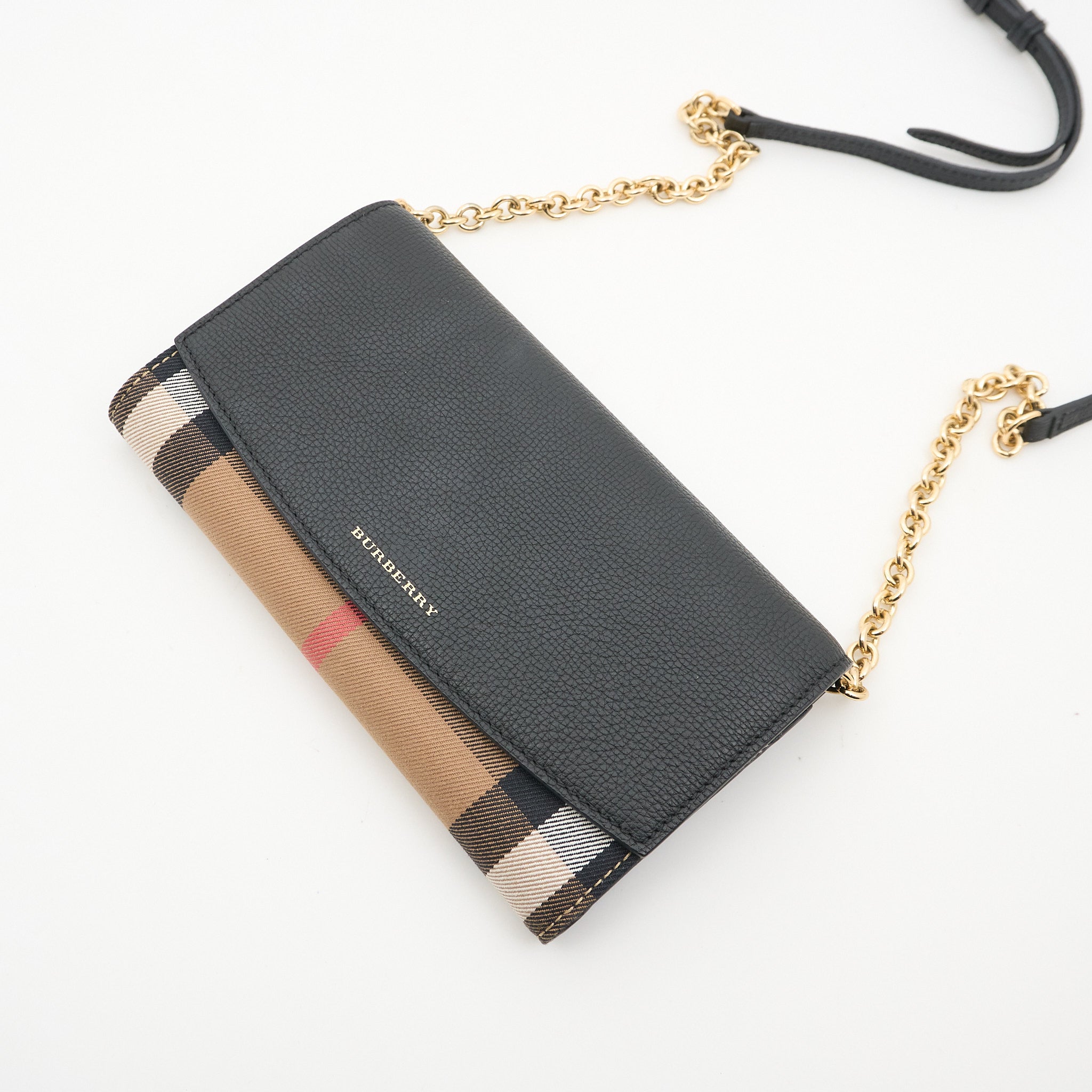 Burberry Check & Leather Wallet on Chain