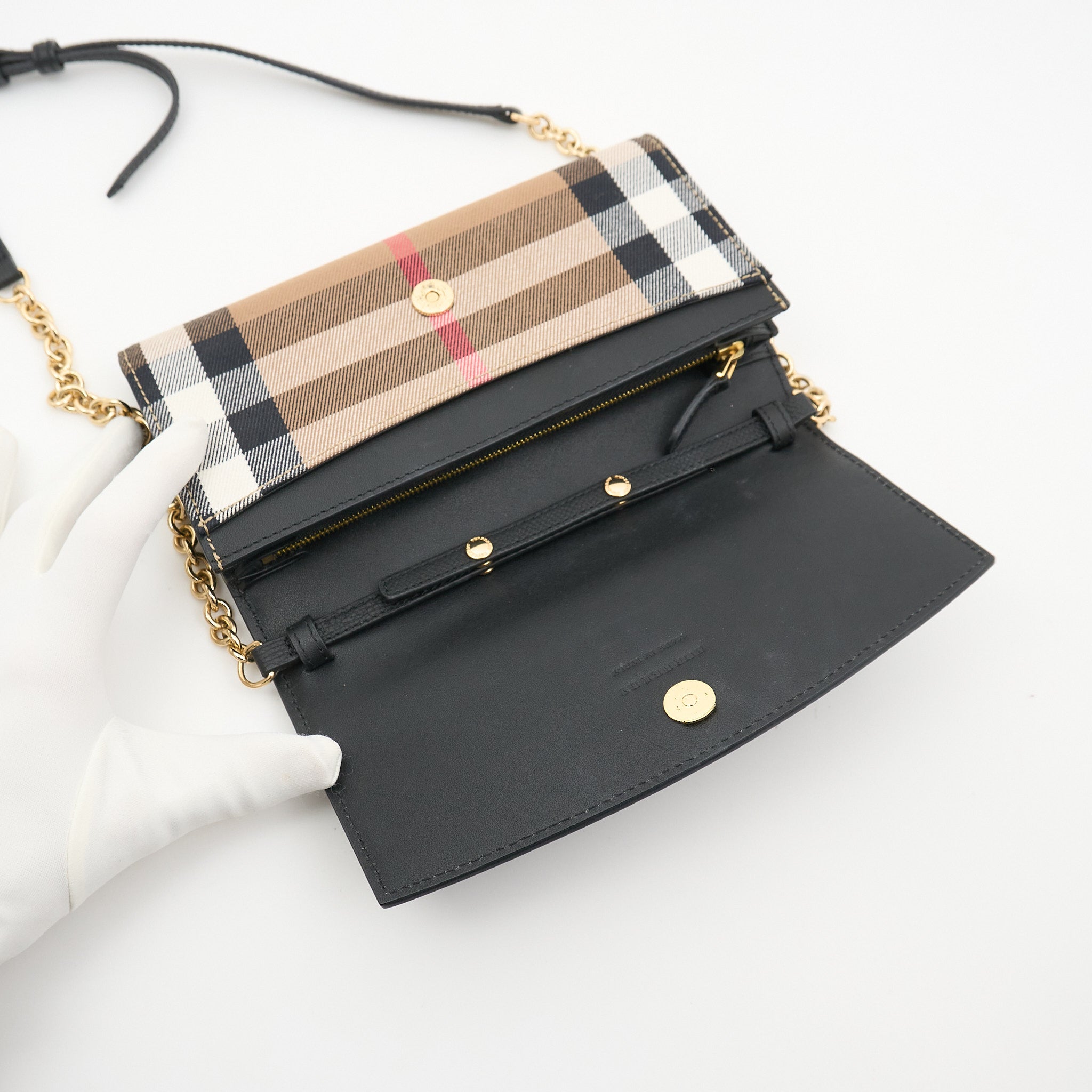 Burberry Check & Leather Wallet on Chain