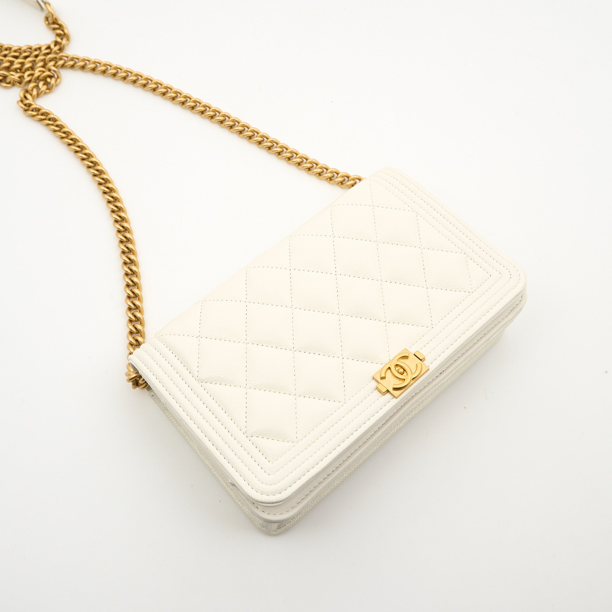 Chanel Classic Boy Wallet On Chain White GHW WOC