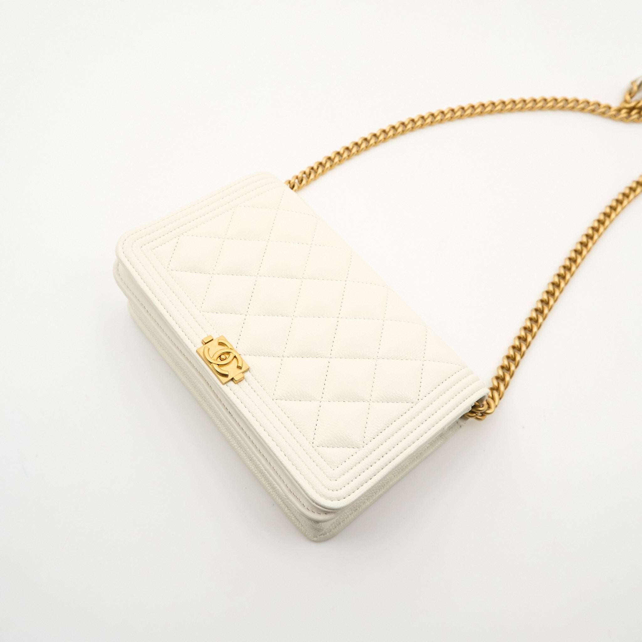 Chanel Classic Boy Wallet On Chain White GHW WOC