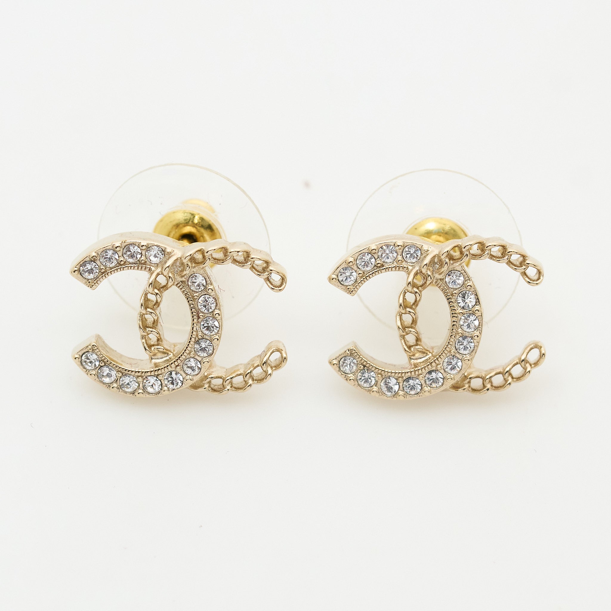 Chanel CC Crystal Chain Stud Earrings LGHW