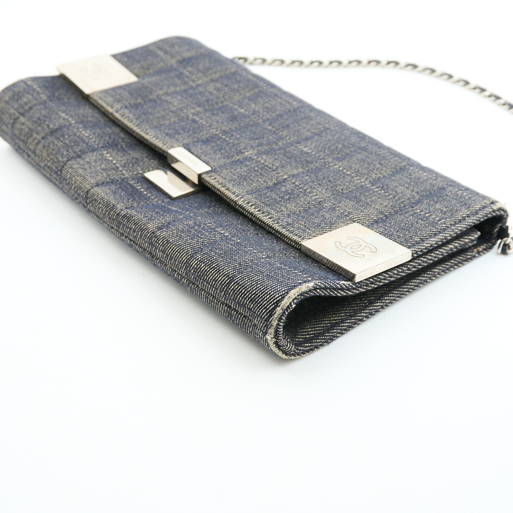 Chanel Denim Chocolate Flap Clutch With Chain