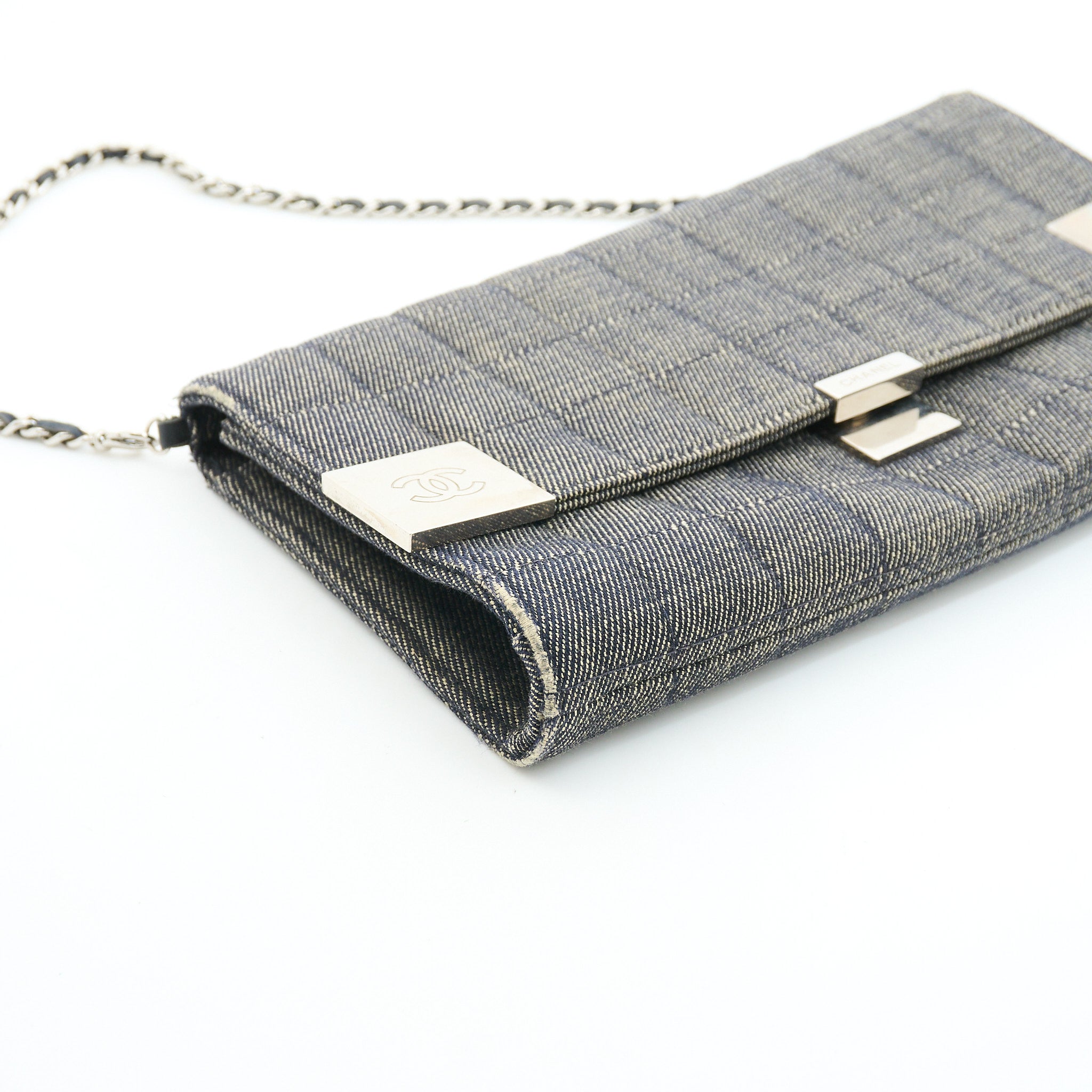 Chanel Denim Chocolate Flap Clutch With Chain