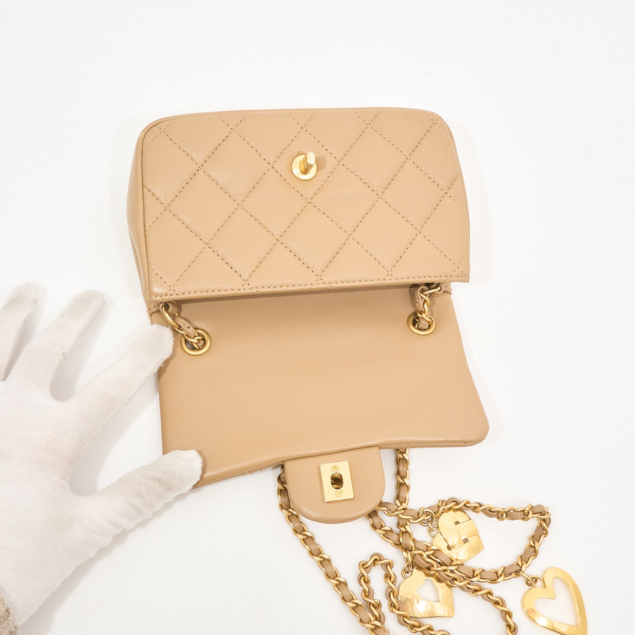 Chanel Mini Heart Charms Beige Flap Bag