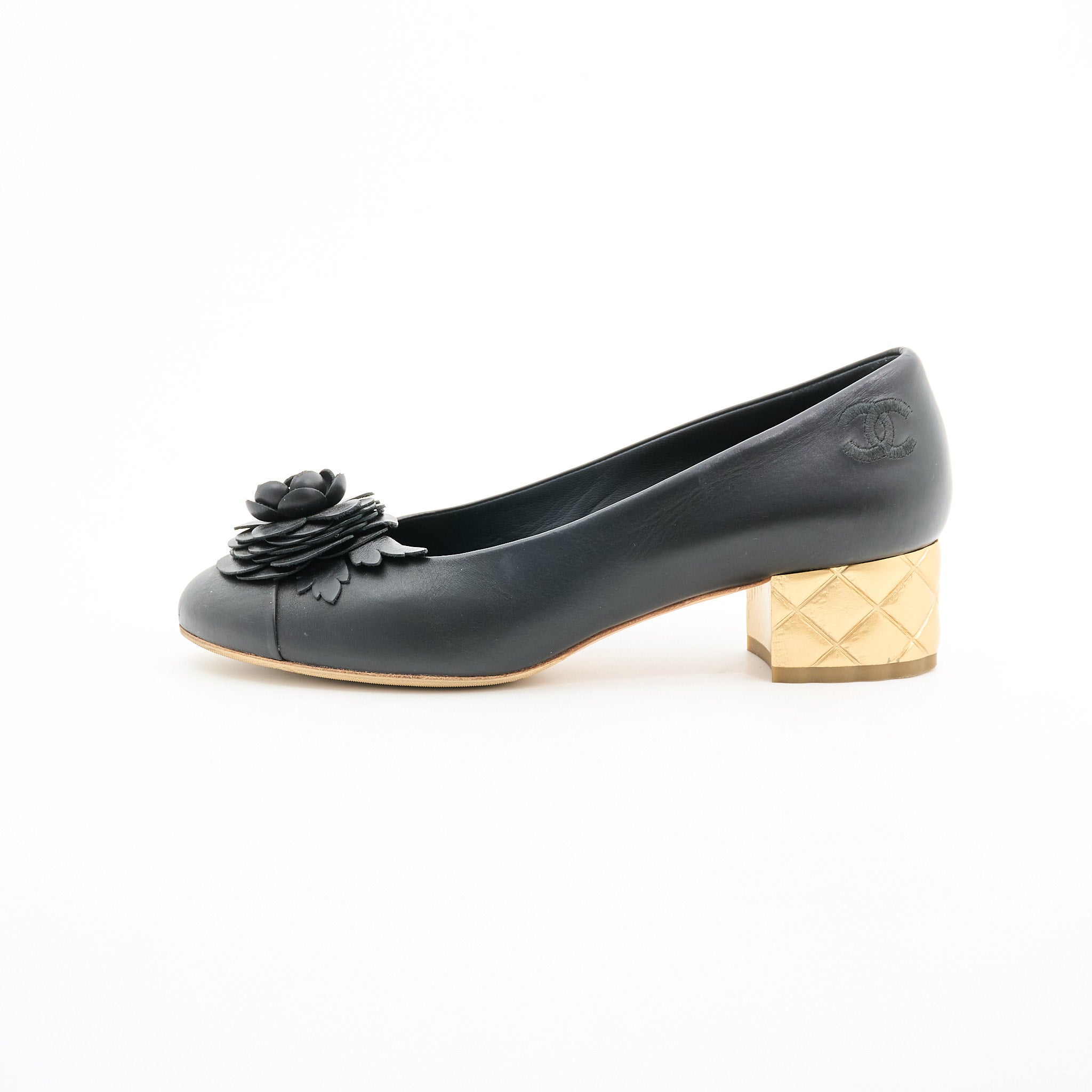 Chanel Camellia Black Calfskin Heels Size 38