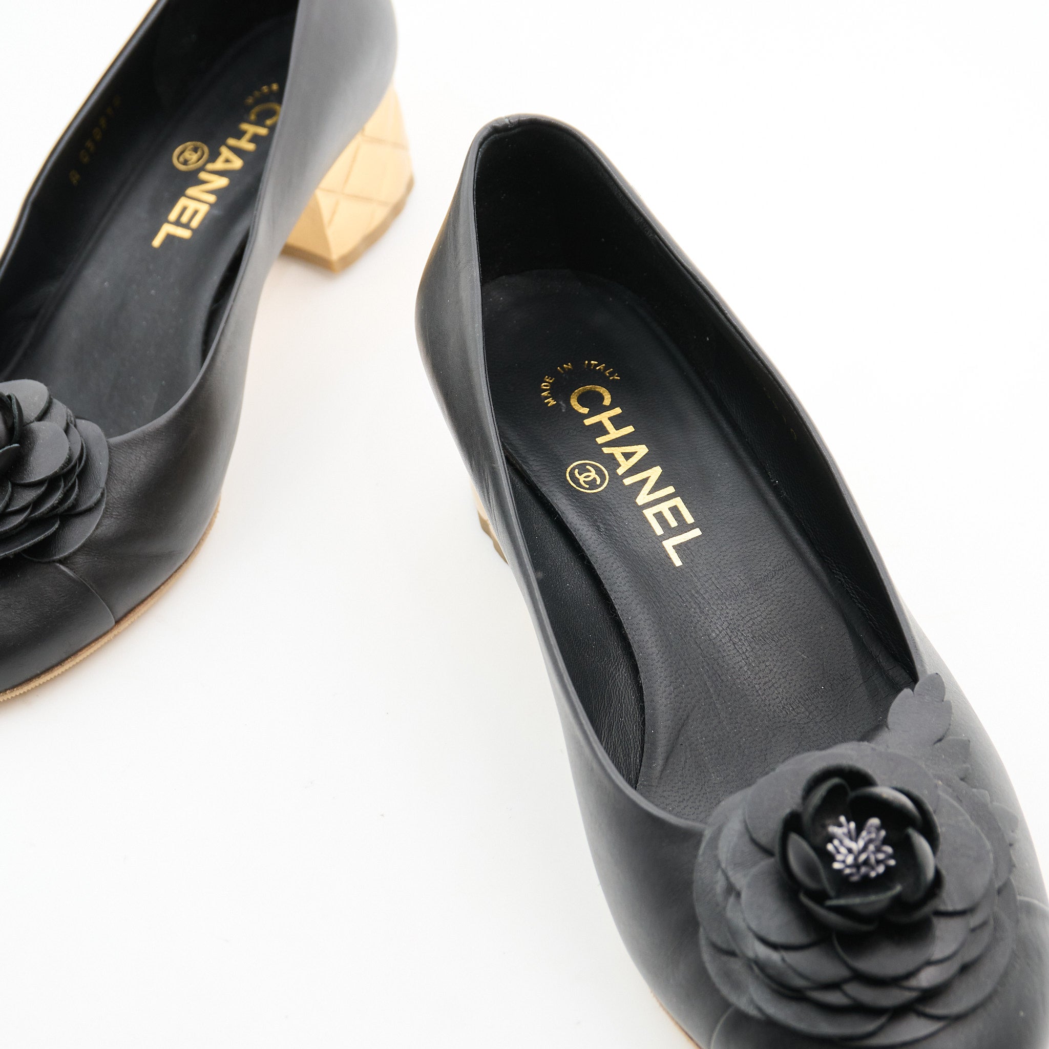 Chanel Camellia Black Calfskin Heels Size 38