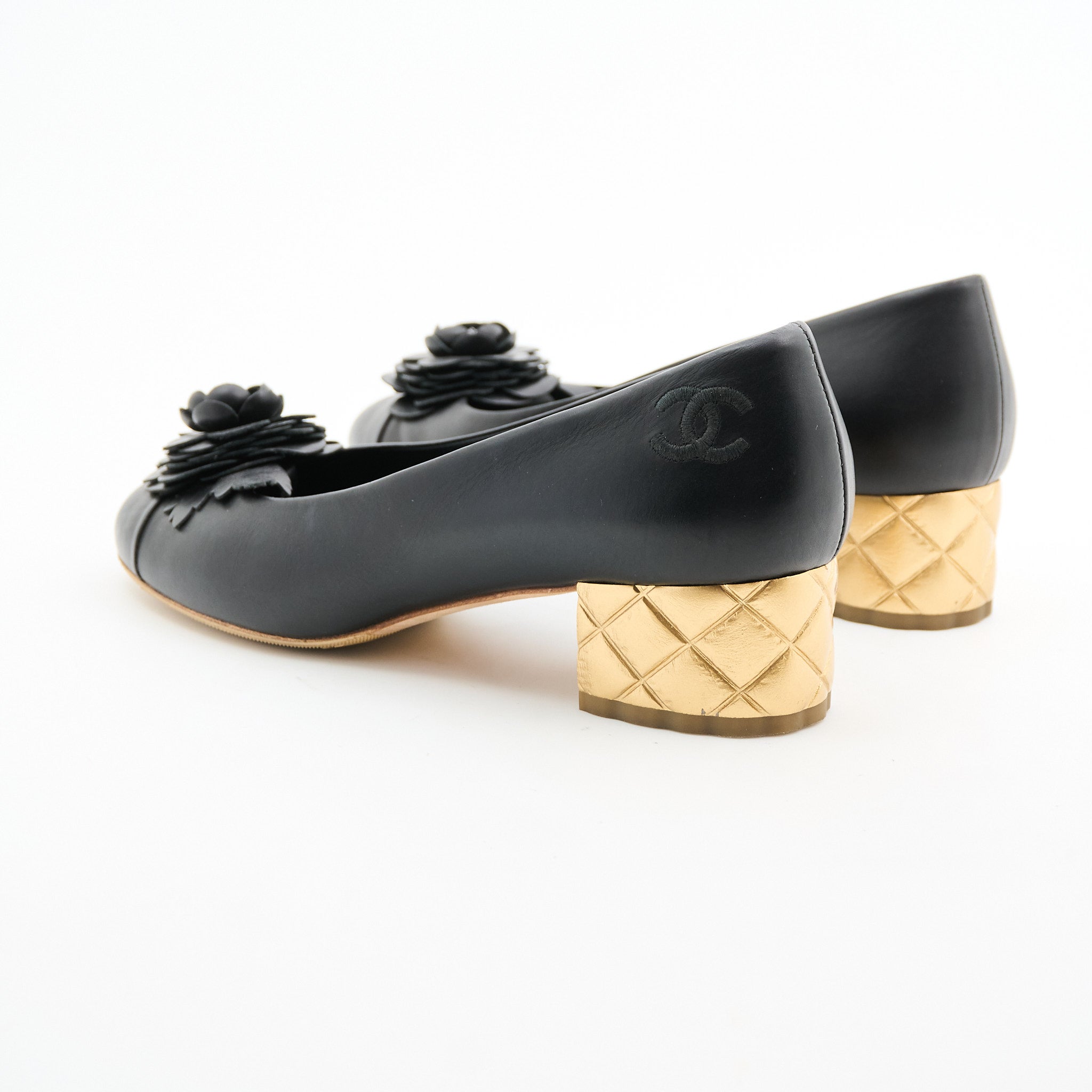 Chanel Camellia Black Calfskin Heels Size 38