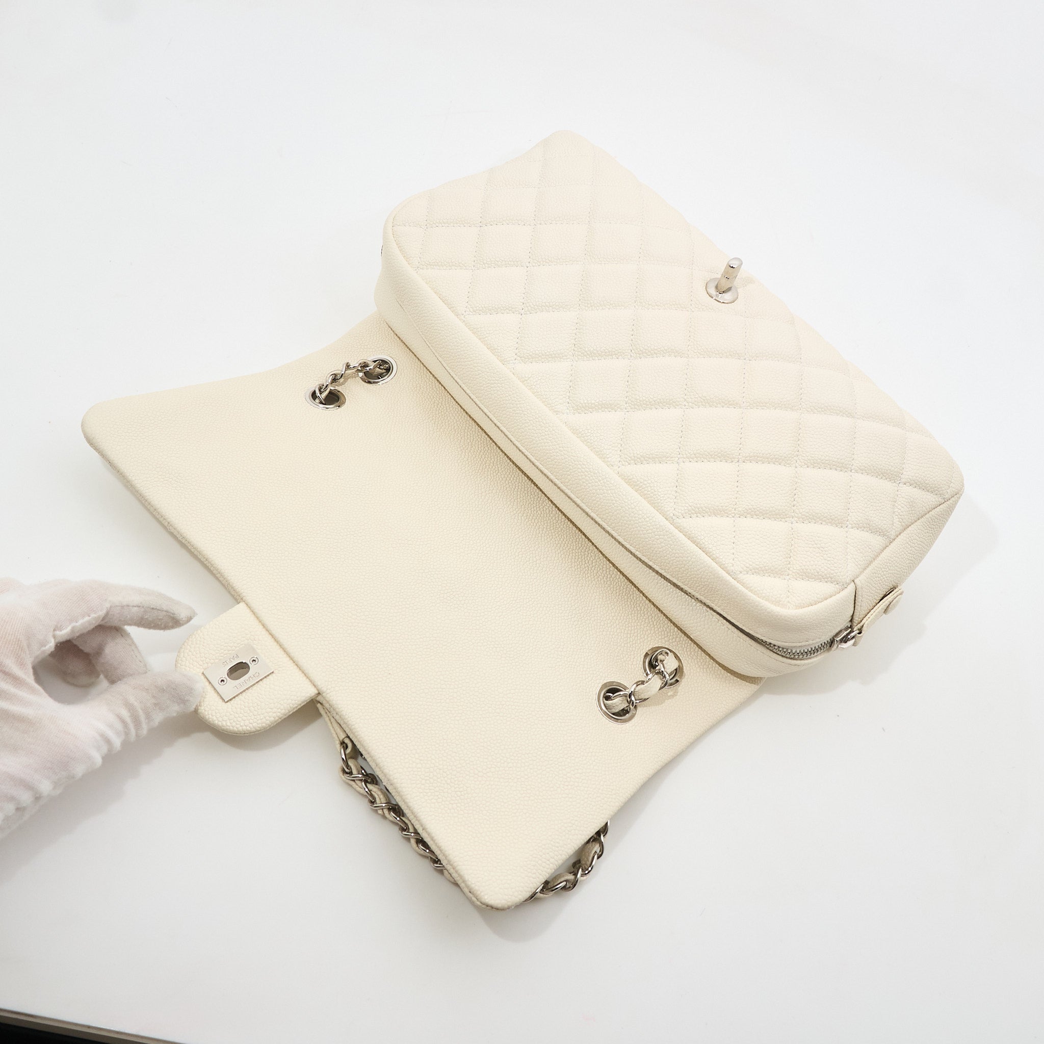 Chanel Jumbo White Caviar Camera Flap Bag PHW