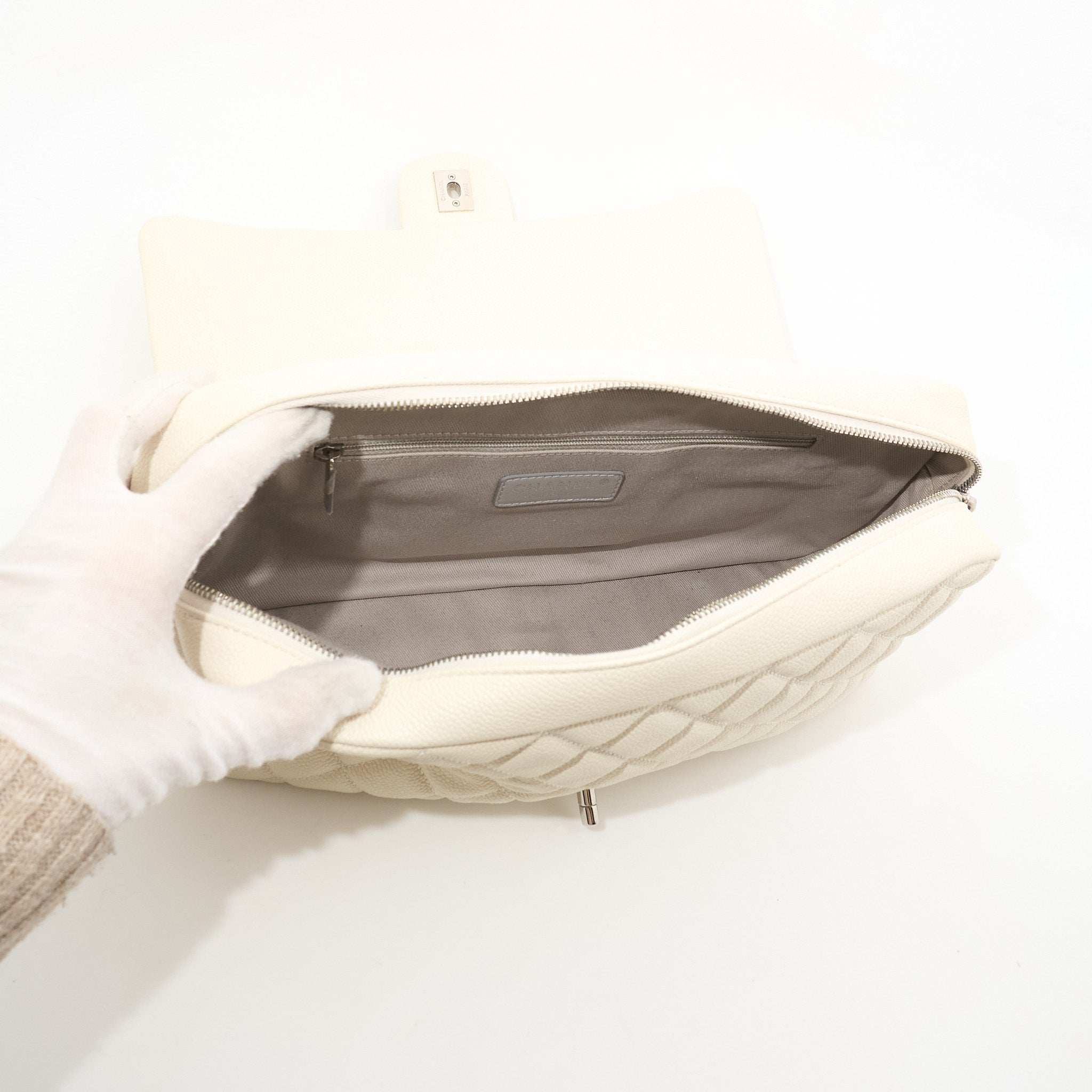 Chanel Jumbo White Caviar Camera Flap Bag PHW