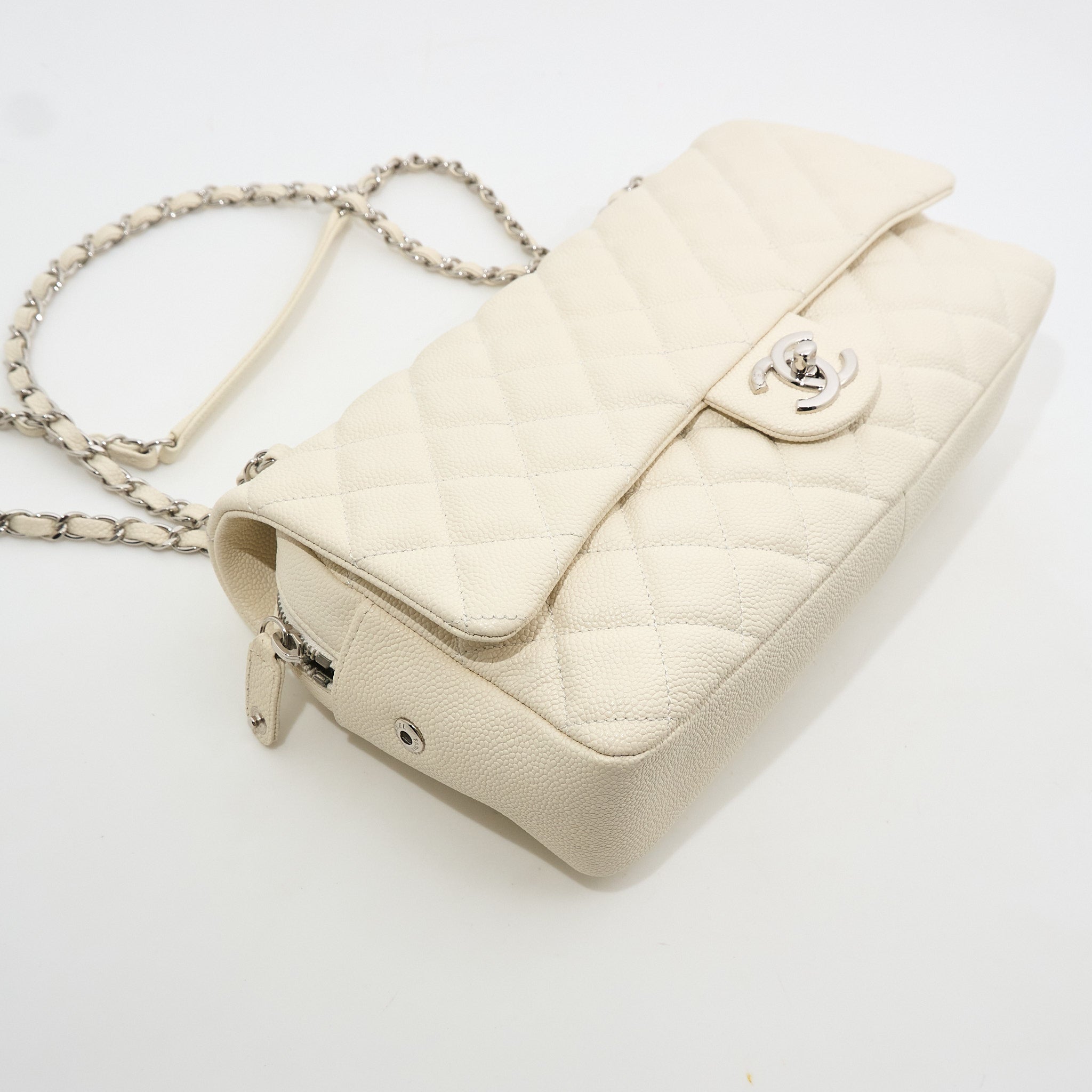 Chanel Jumbo White Caviar Camera Flap Bag PHW