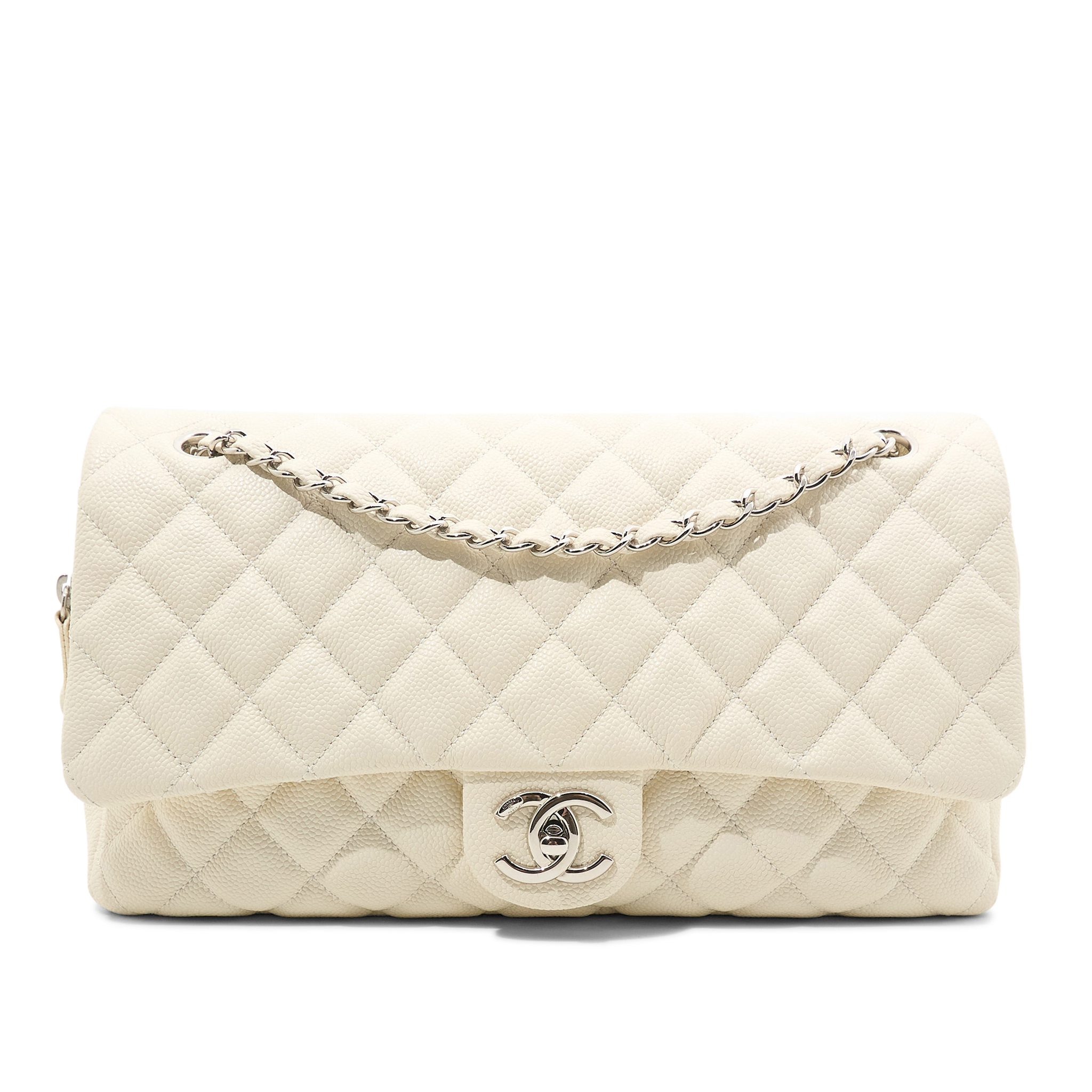 Chanel Jumbo White Caviar Camera Flap Bag PHW