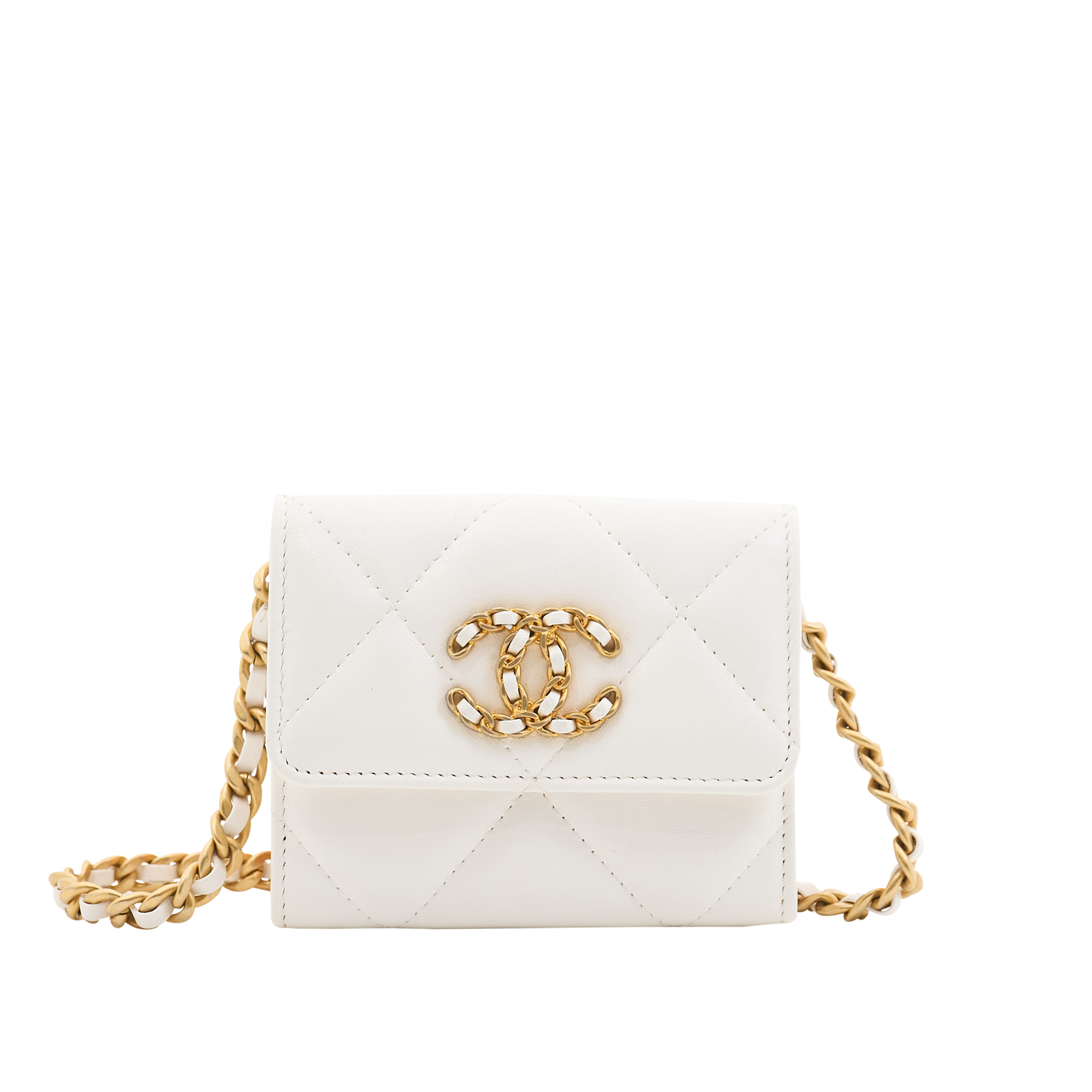 Chanel Lambskin Quilted Card Wallet on Chain in White GHW