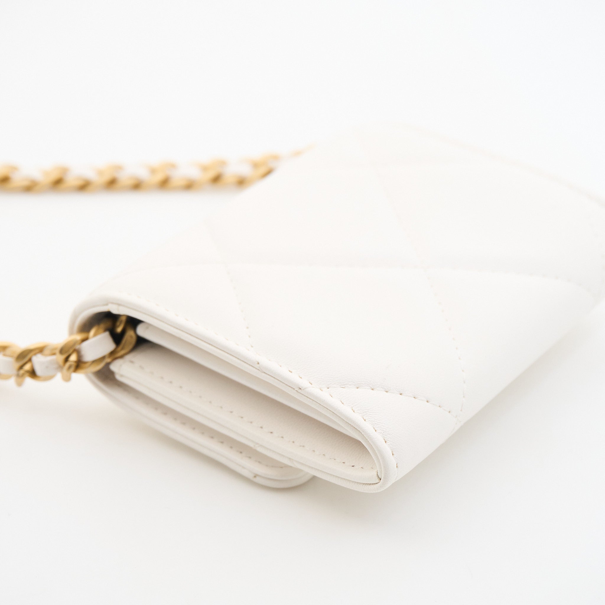 Chanel Lambskin Quilted Card Wallet on Chain in White GHW