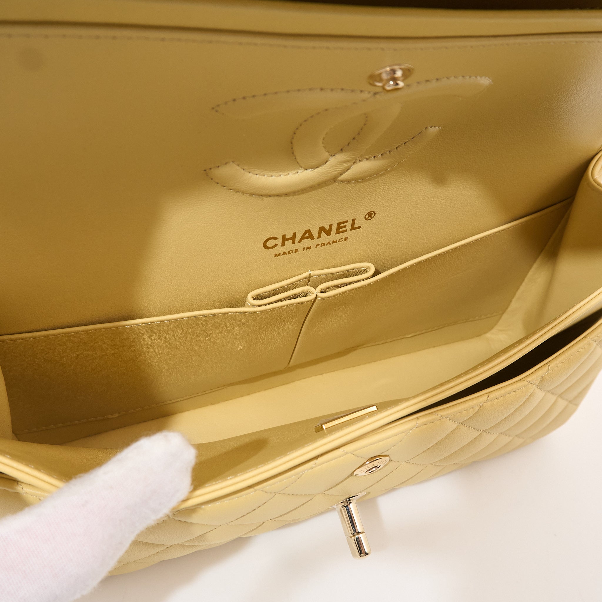Chanel Medium Classic Double Flap Bag Lambskin Yellow GHW