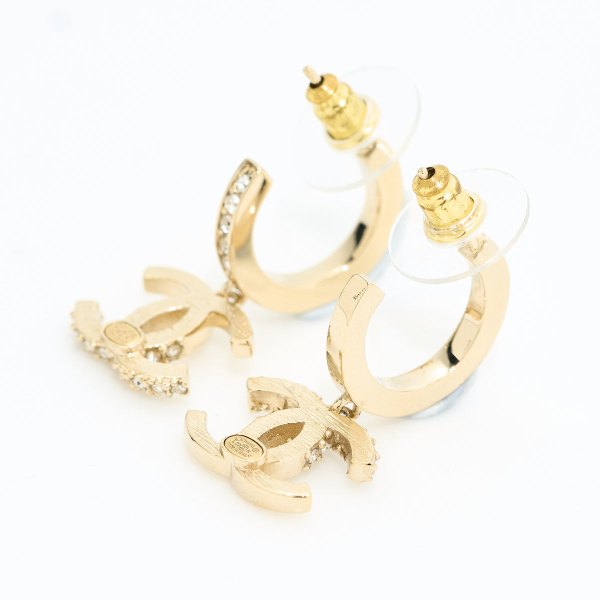 Chanel CC Crystal Drop Hoop Earrings LGHW