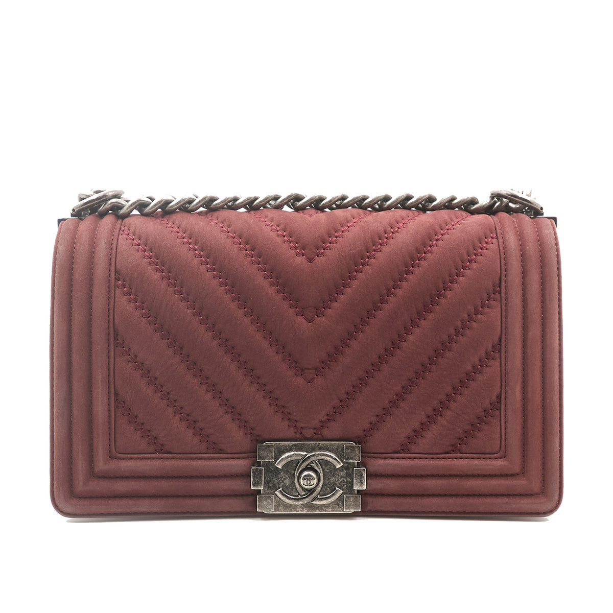 Chanel Medium Chevron Burdungy Nubuck Boy Bag SHW