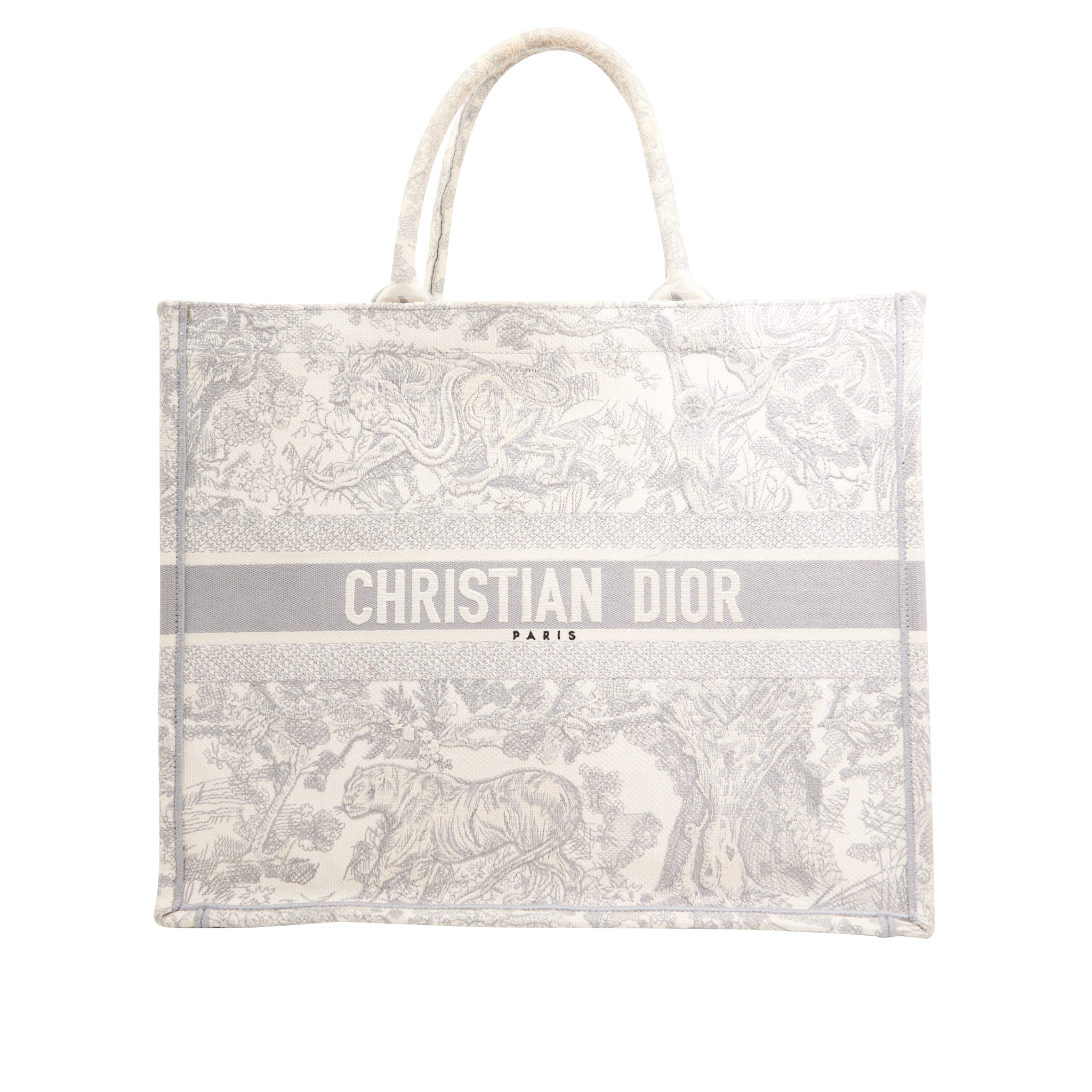 Christian Dior Large Book Tote in Ecru & Grey Toile De Jouy Embroidery