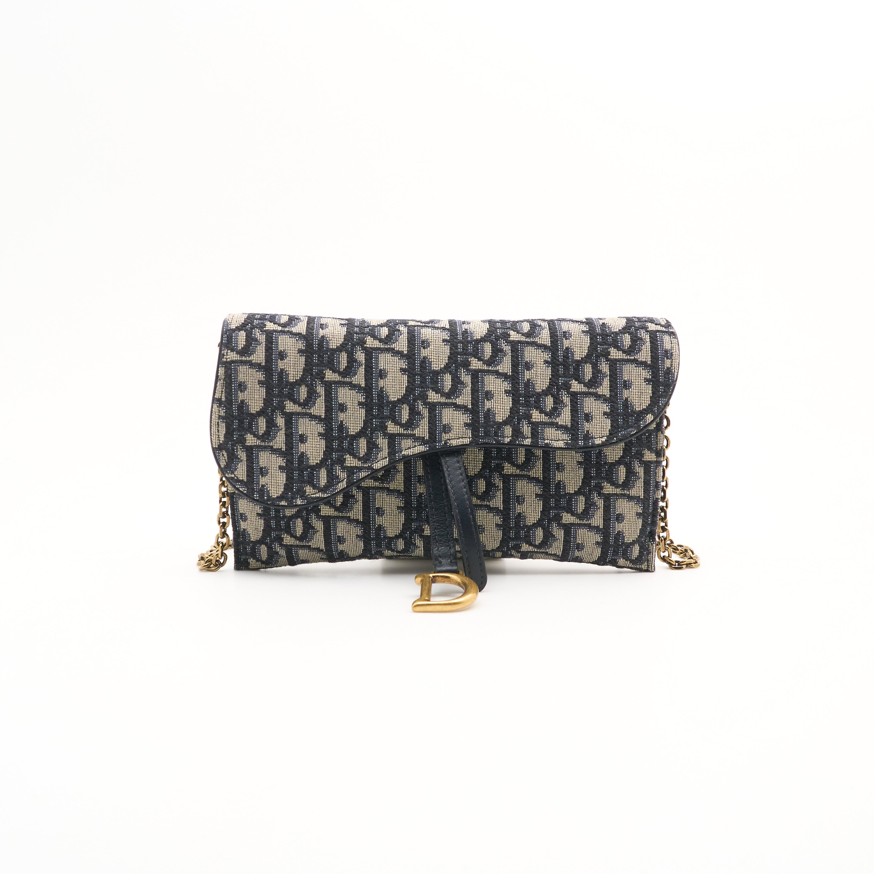 Dior Small Saddle Pouch with Chain in Blue Oblique