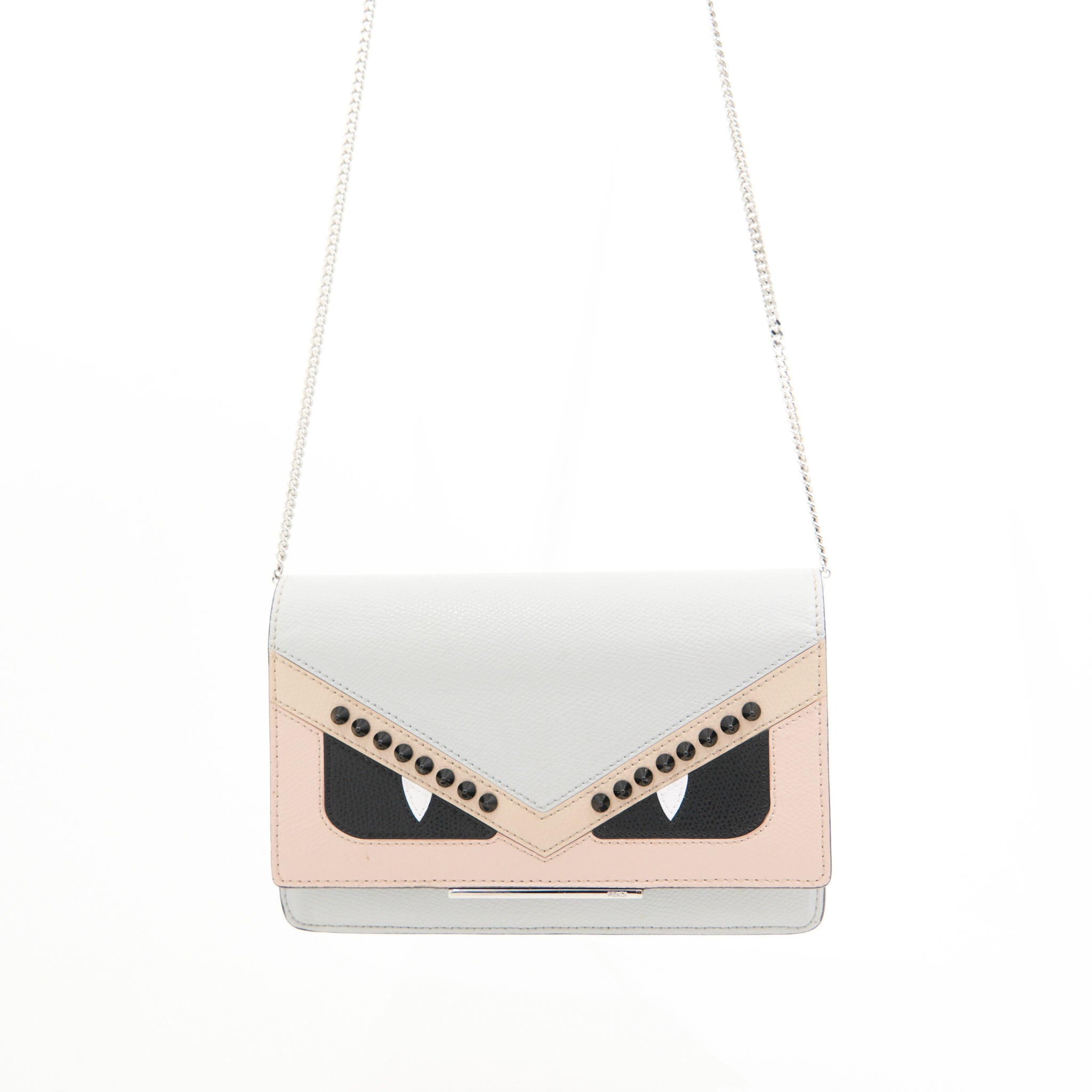 Fendi Leather Monster Wallet on Chain in Grey and Pink SHW